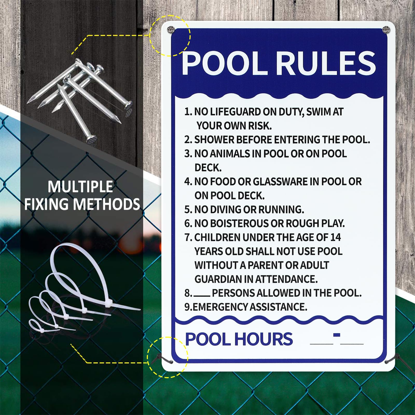 No Glass No Smoking No Pets In Pool Area Sign. 9x12 Metal
