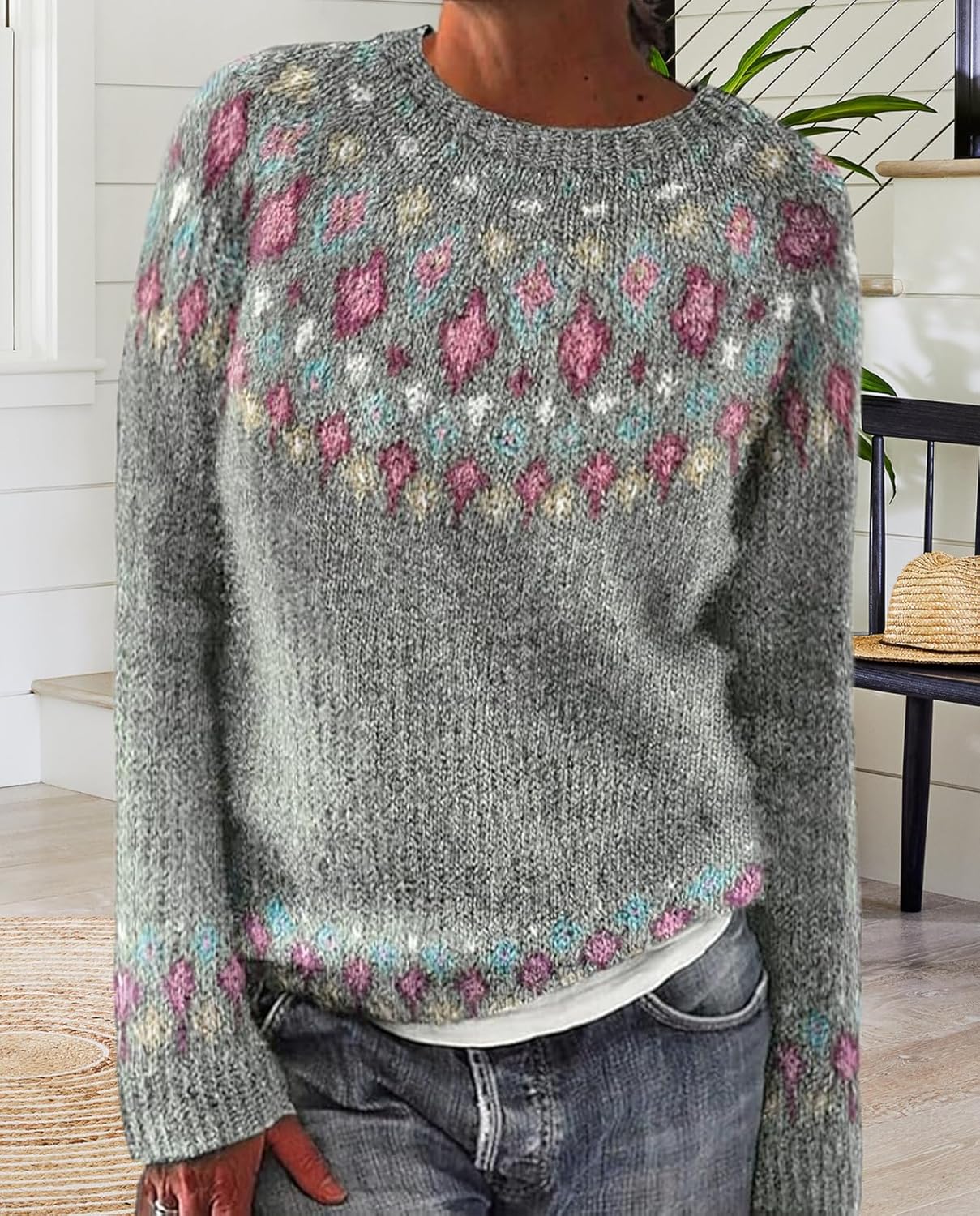 Fair Isle Sweater for Womens Winter Long Sleeve Vintage Knitted Sweater Casual Fall Crew Neck Pullover Sweaters - Image 2