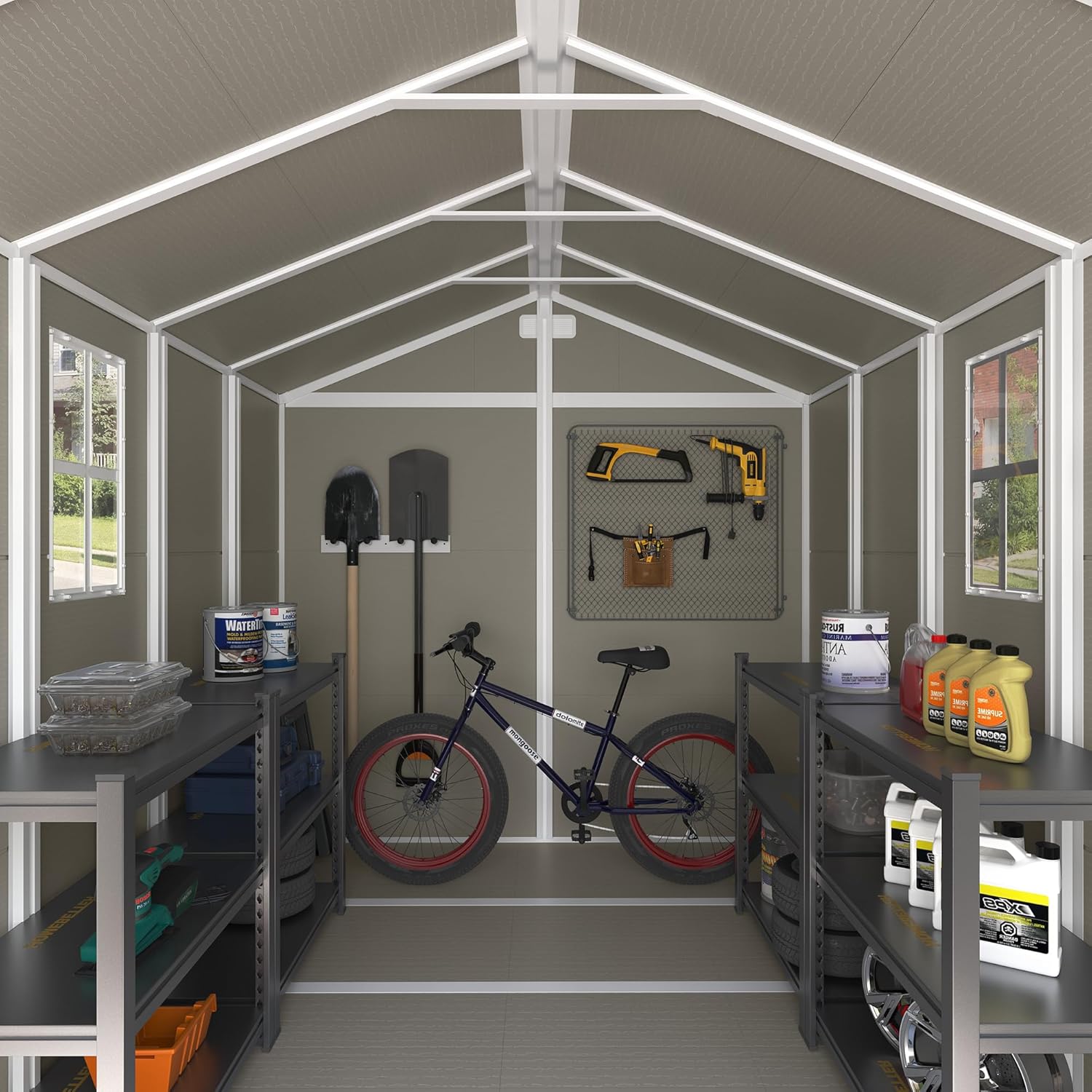 Interior view of the UDPATIO Outdoor Storage Shed with a bike and various tools stored inside.