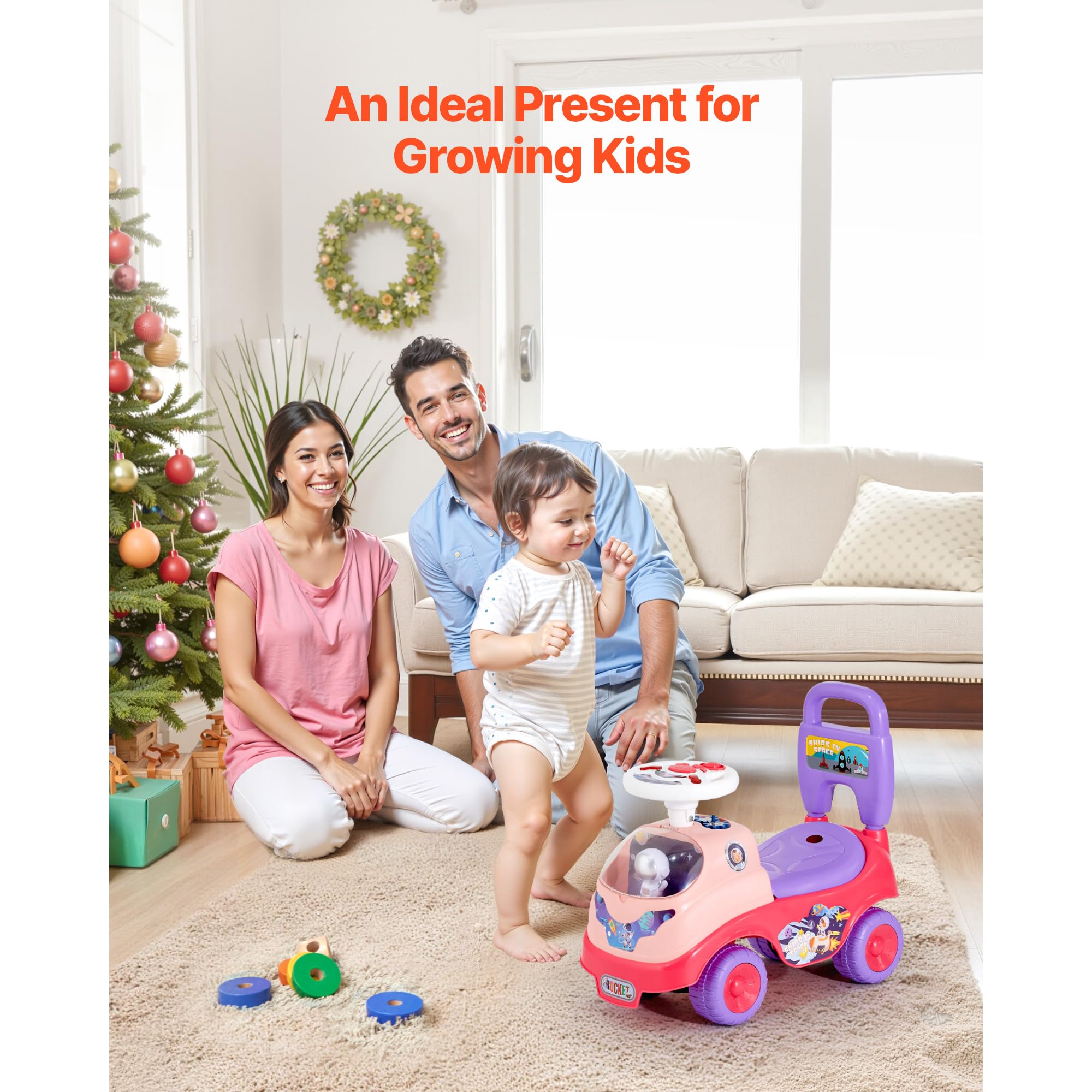 Ride-On Push Car, Ride-On Toy with Horn and Music, 48.5 lbs Weight Capacity, Under-Seat Storage, Foot-to-Floor Walker, Pink — view 7