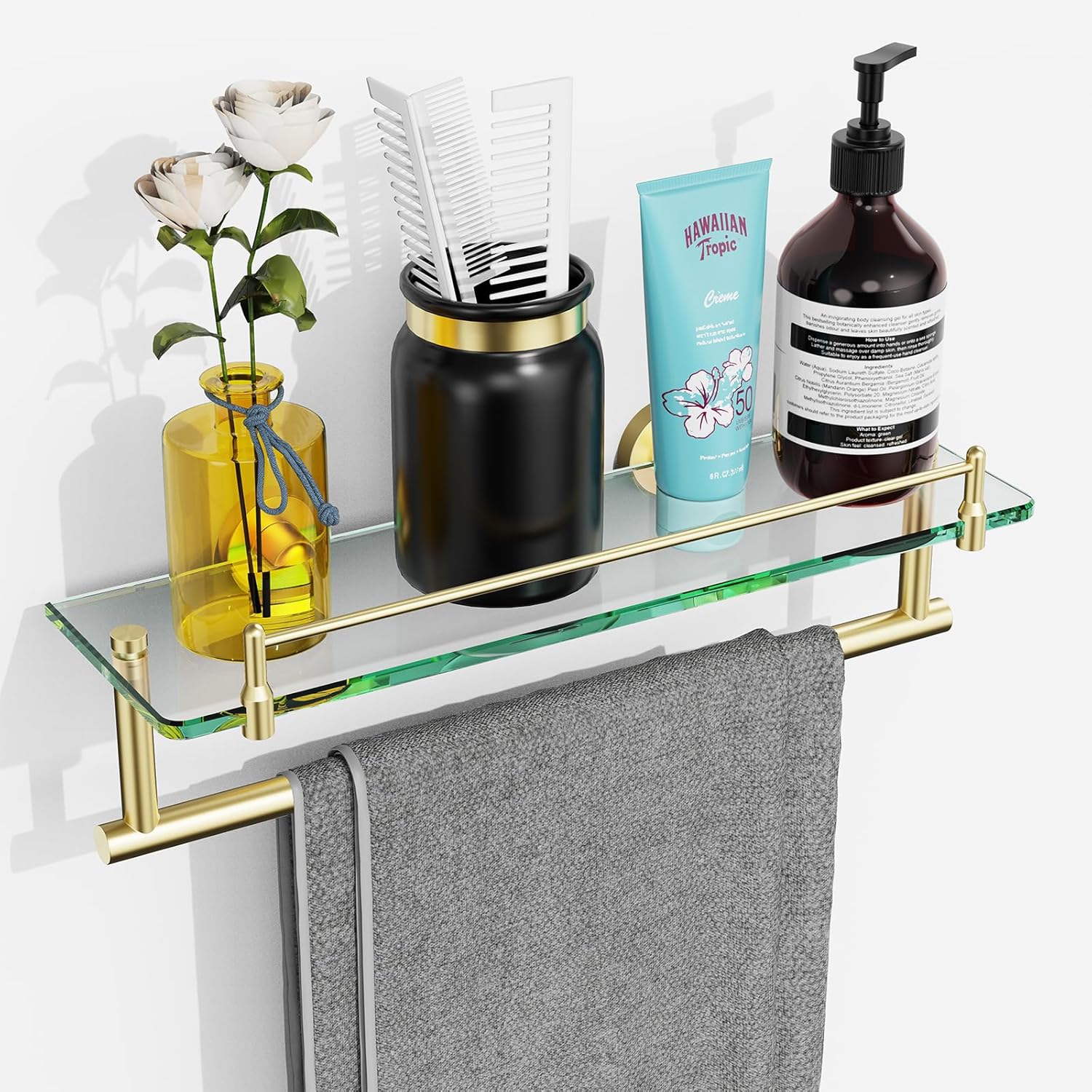 glass bathroom shelf with towel bar,16-inches brushed gold floating glass shelf with towel rack rectangular stainless steel tempered glass shelf for bathroom wall mount modern accessories