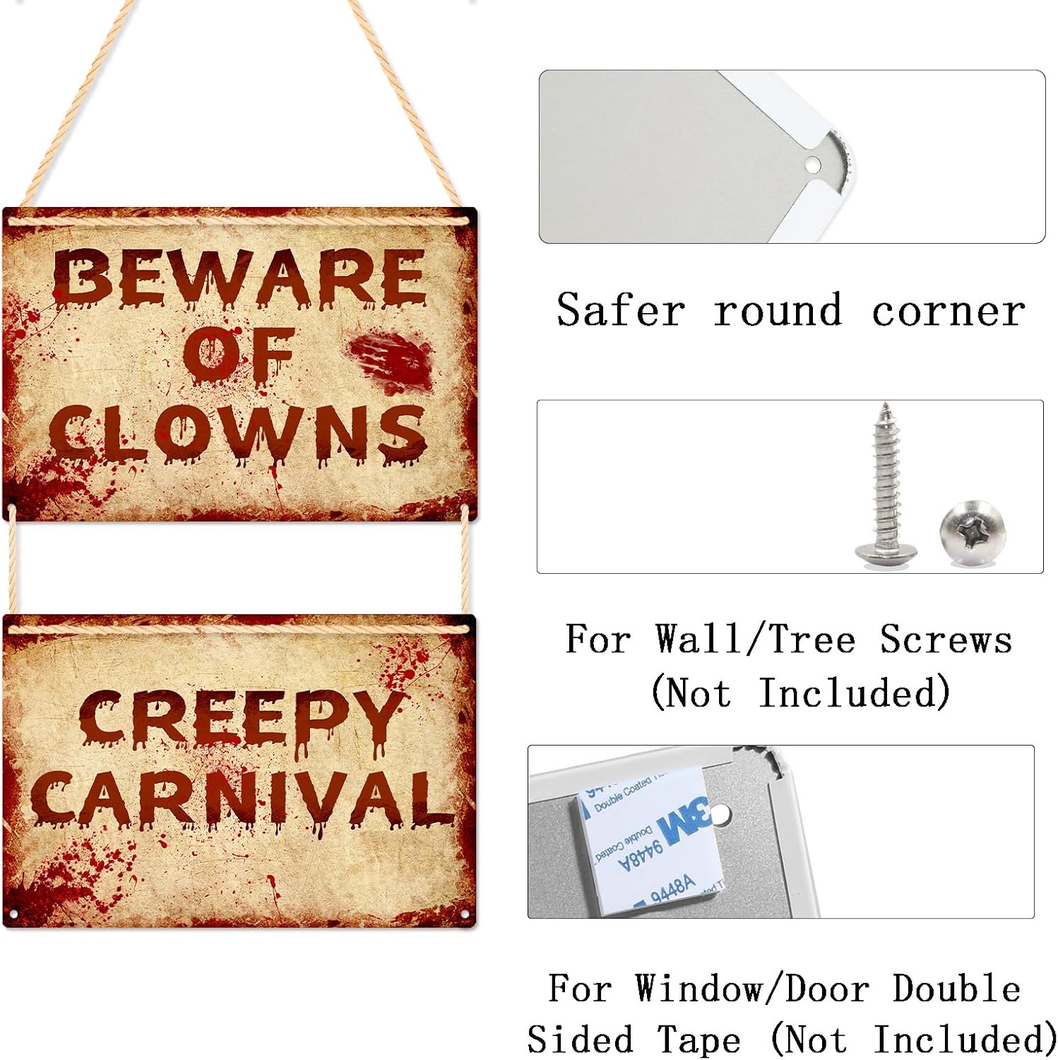 2 Pcs Terrifying Halloween Clown Metal Signs, CREEPY CARNIVAL & BEWARE OF CLOWNS Bloody Vintage Warning Signs, Spooky Scary Evil Circus Wall Decor, Indoor Outdoor Carnival Party Yard Event Decoration