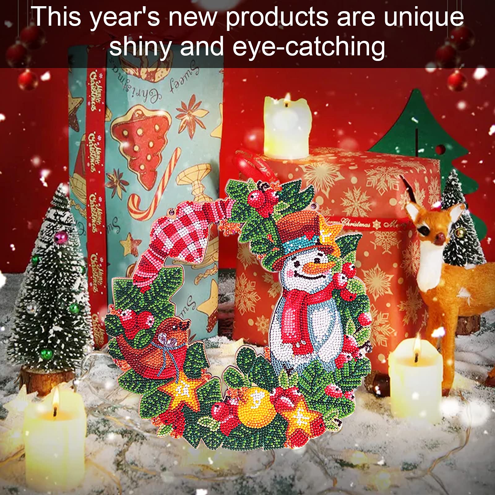 Kit De Couronne De Noël à Strass 5D Avec Guirlande Lumineuse LED – DIY Déco Porte – Cadeau Créatif