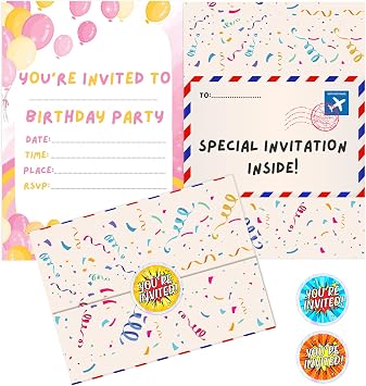 BestaFiesta 36 Kids Childrens Birthday Party Invitations with Folding Envelope Design and Holographic Stickers Pink