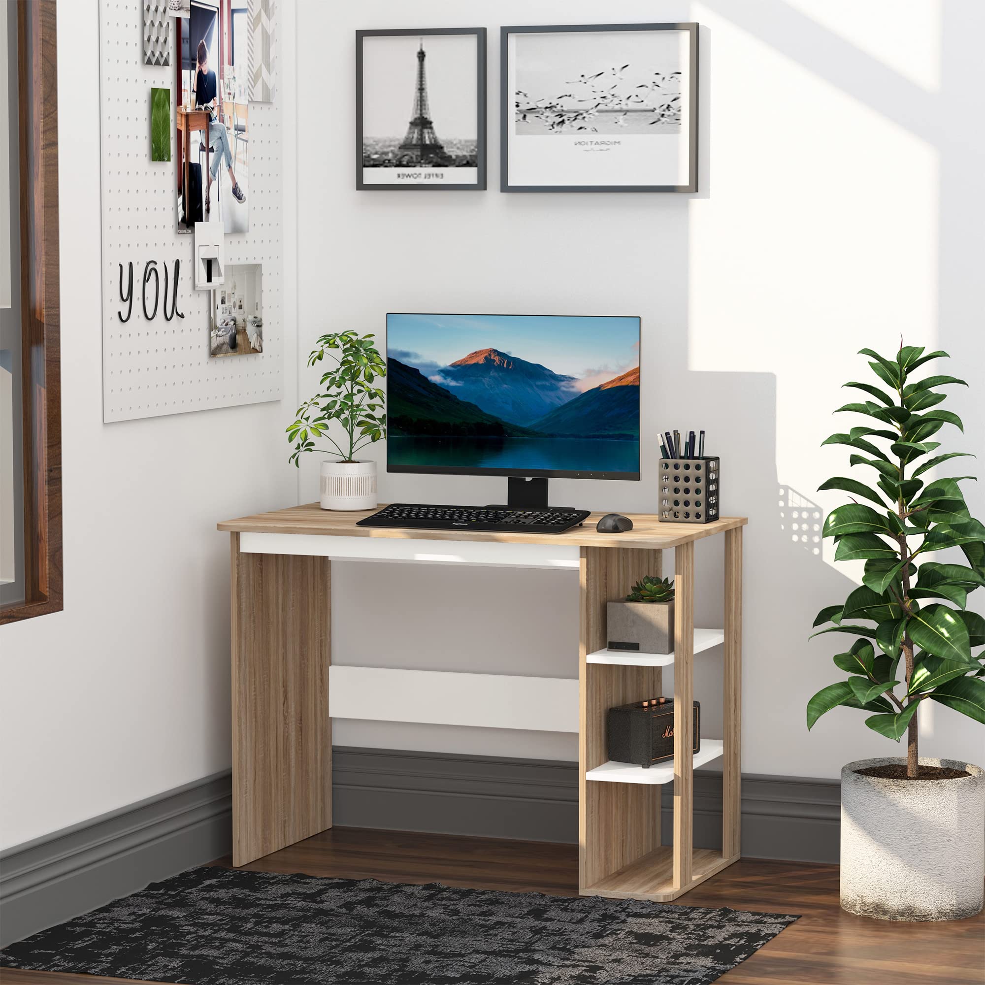 HOMCOM Mesa de Escritorio 2 en 1 con Estante 3 Niveles 100x55x74 cm Madera | Gran Superficie, Espacio Almacenaje Amplio, Mesa de Oficina, Dormitorio, Estudio