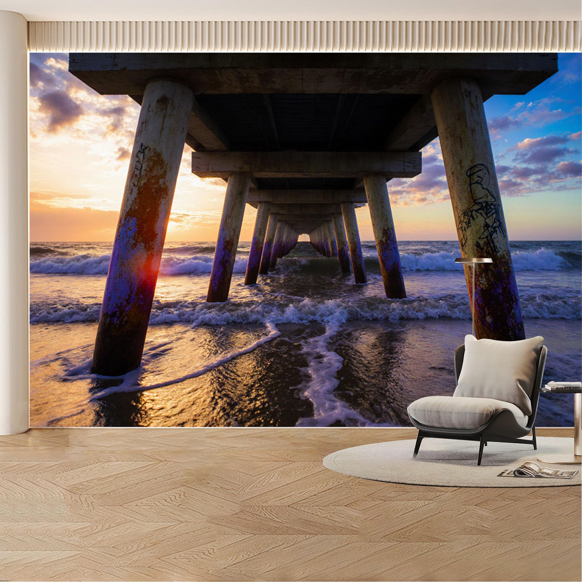 Custom Wall Mural Wallpaper Ocean Pier Landscape Nature 3D Effect Wall Decor Sunset Coastal Minimalist Removable SelfAdhesive Large Photo for Living Room， Bedroom， Office