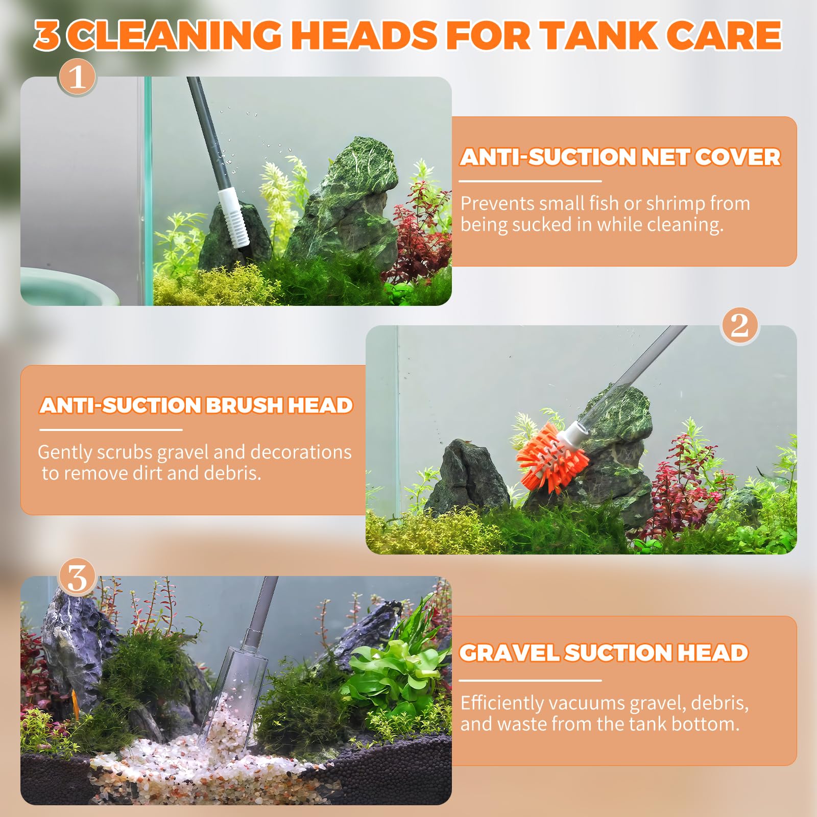 FANGCCC Fish Tank Cleaning Kit, Aquarium Gravel Cleaner with 3 Cleaning Heads, Extendable Tube 34-47cm - Image 4