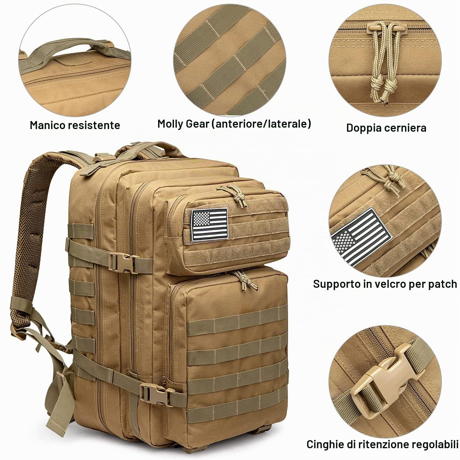 G4Free Molle - Zaino da 40 litri, grande molle, a tracolla, per escursionismo, campeggio, trekking, caccia, Pelle, 40, Zaino da viaggio