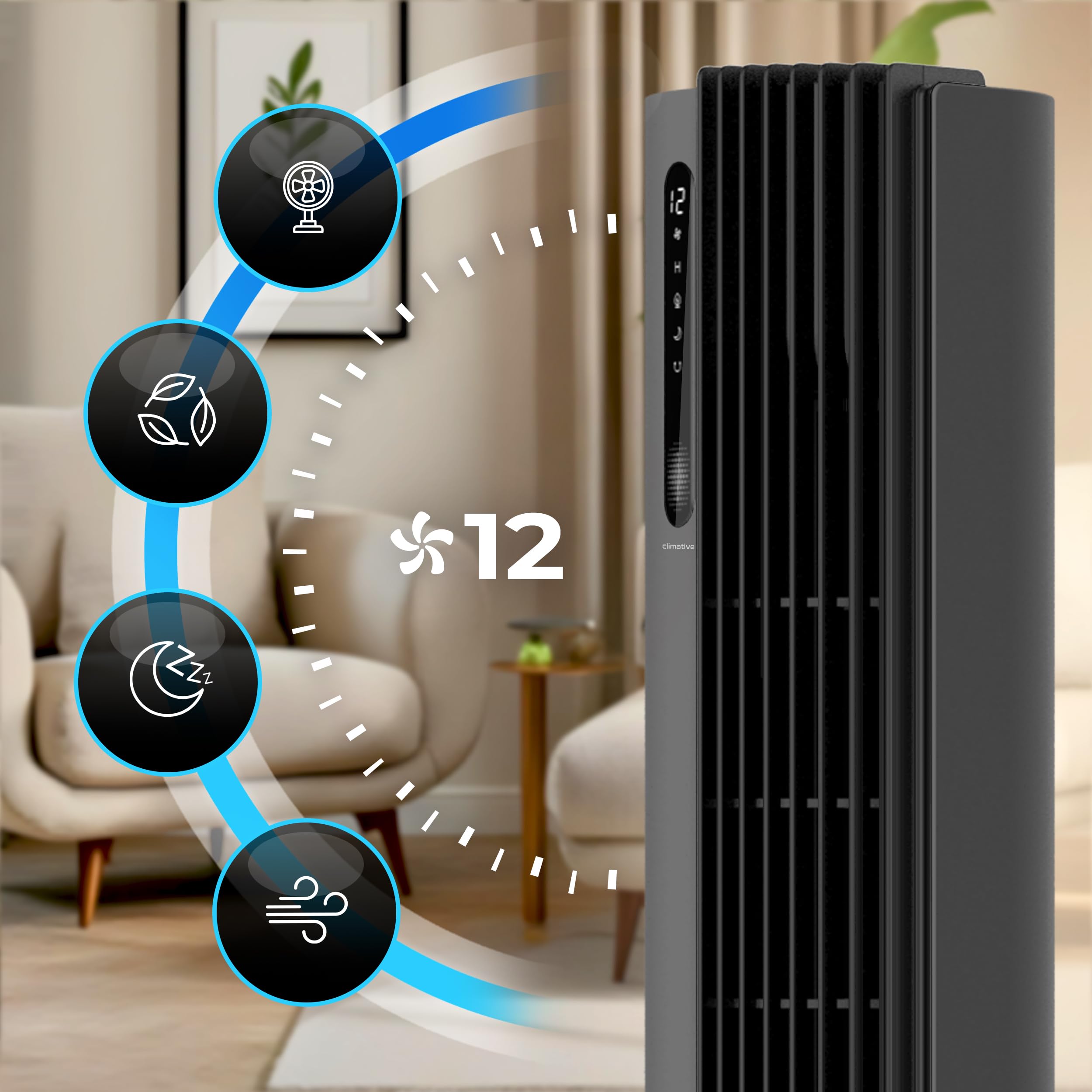 Turmventilator 110 cm PURE Plasma Ionisierung WiFi Tuya Smart Life, Energiesparender 30W DC-Motor, 12 Stufen, Timer, Standventilator sehr leise Ventilator mit Fernbedienung, Tower Fan Grau