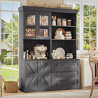 71" Tall Farmhouse Kitchen Pantry, Large Storage Cabinet with Glass Doors and Drawers, Freestanding Coffee Bar Hutch with Microwave Stand, Adjustable Shelves for Kitchen, Living Room, Black 2 Pcs