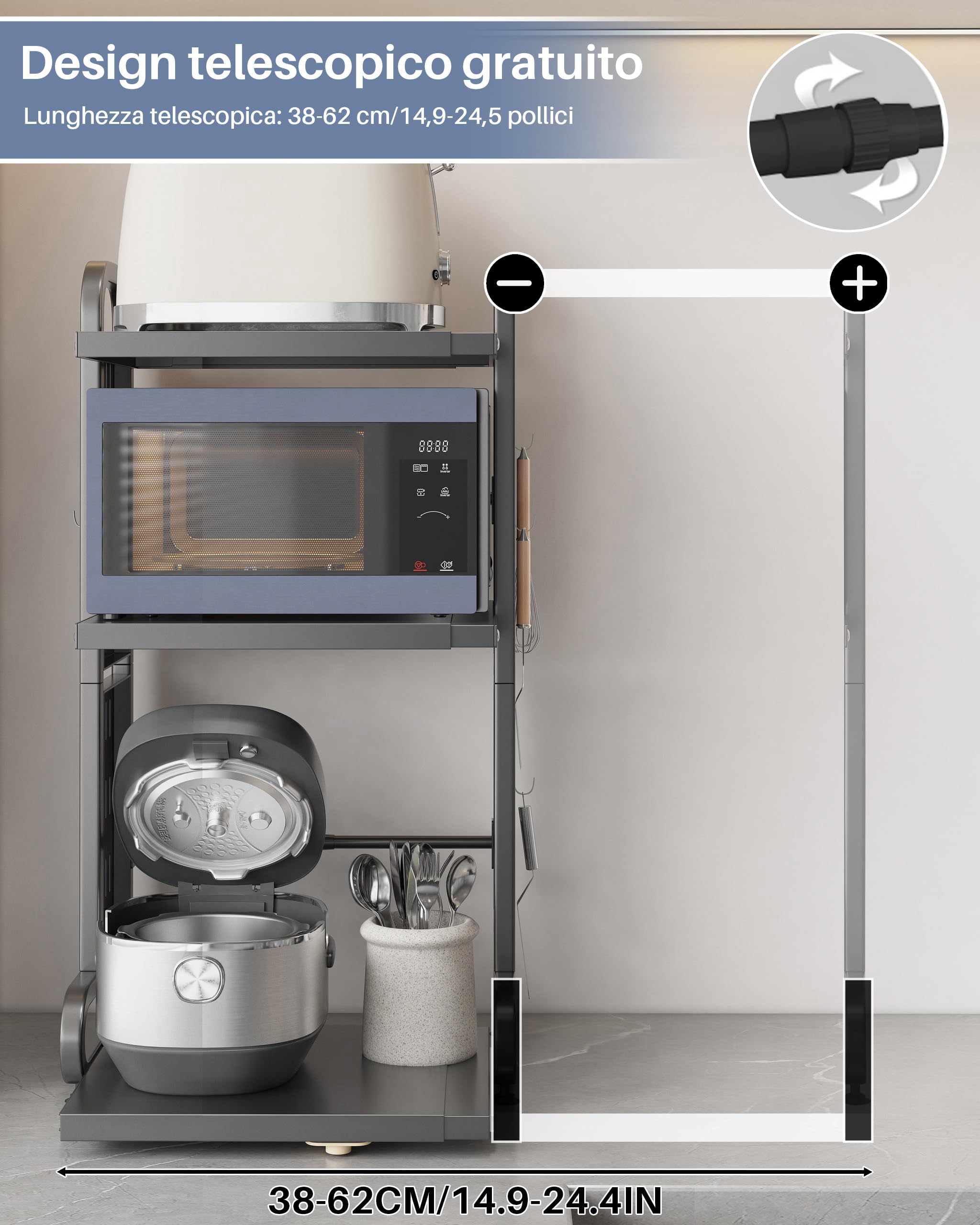Scaffale Estraibile per Microonde con Cassetto, 3 Ripiani e 6 Ganci Metallici, Supporto per Friggitrice ad Aria e Teglie, Scaffale da Cucina Nero