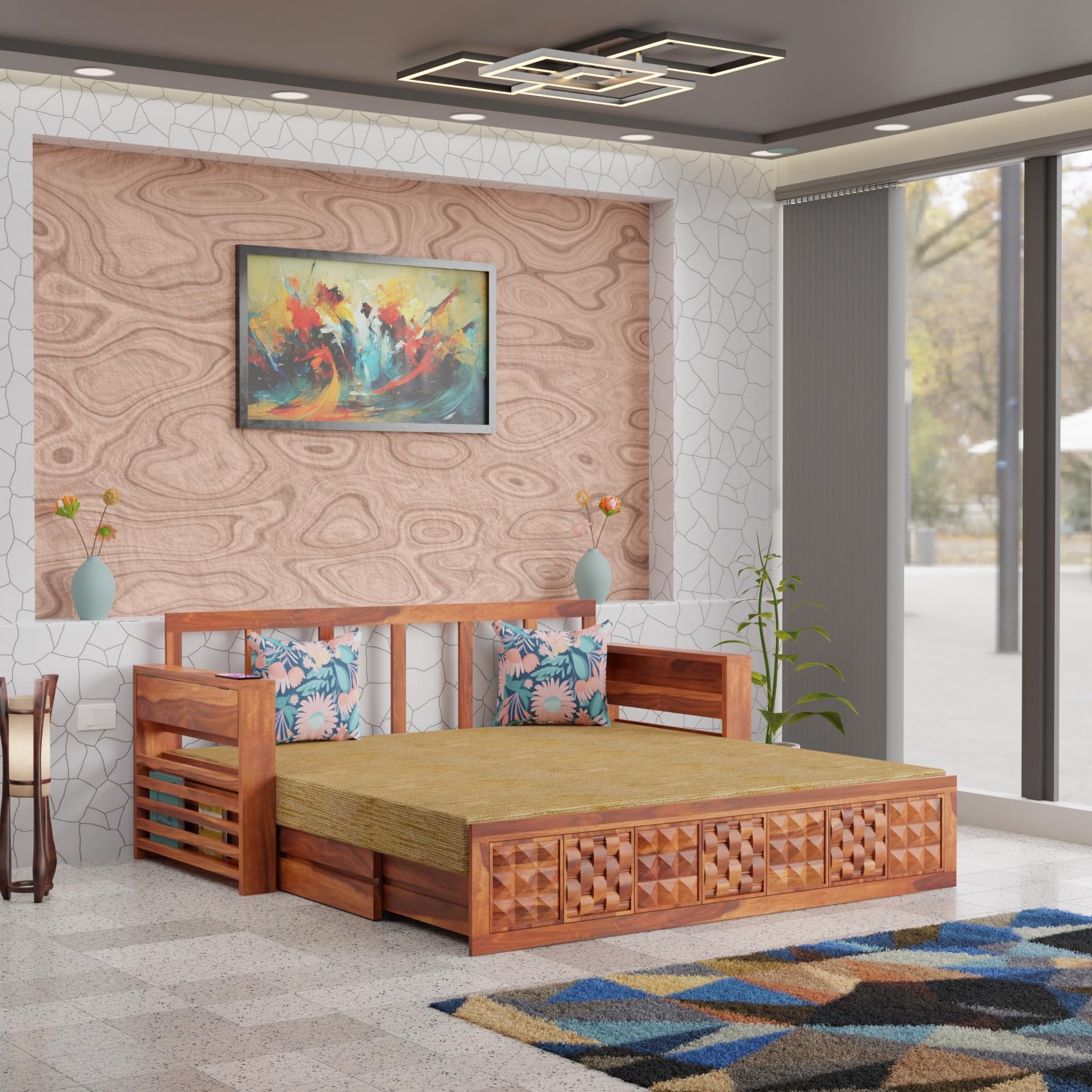 WOODTREND Solid Sheesham Wooden Sofa Cums Bed with Mattresses for Living Room|Rosewood 3-Person Sofa Cums Bed for Bedroom Without Pillow (C-Natural, 3 Seater)