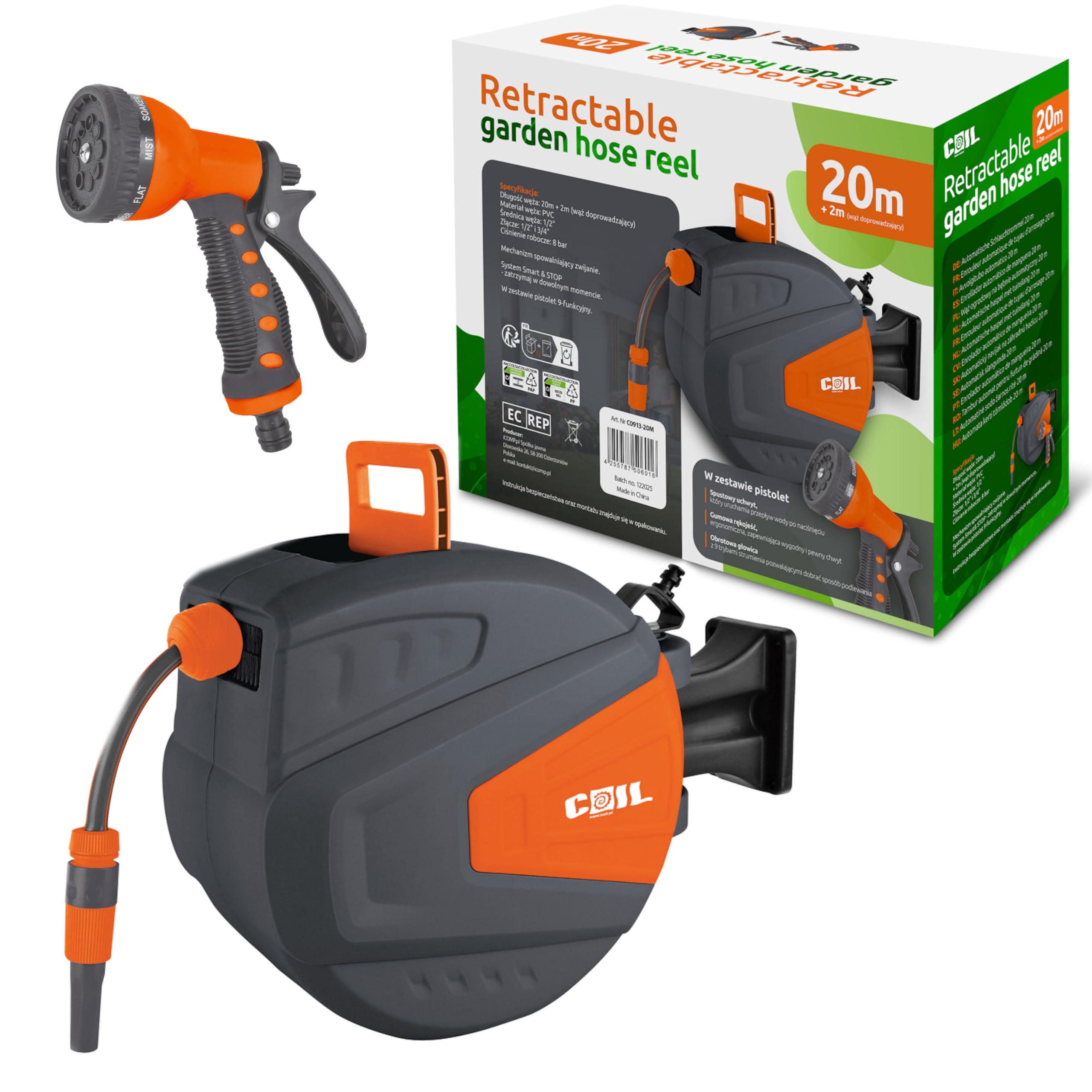 COIL Manguera de jardín con carrete de manguera automático, montaje en pared, Smart Stop, 9 modos de pulverización, incluye pistola pulverizadora, manguera de entrada de 2 m, 20 m