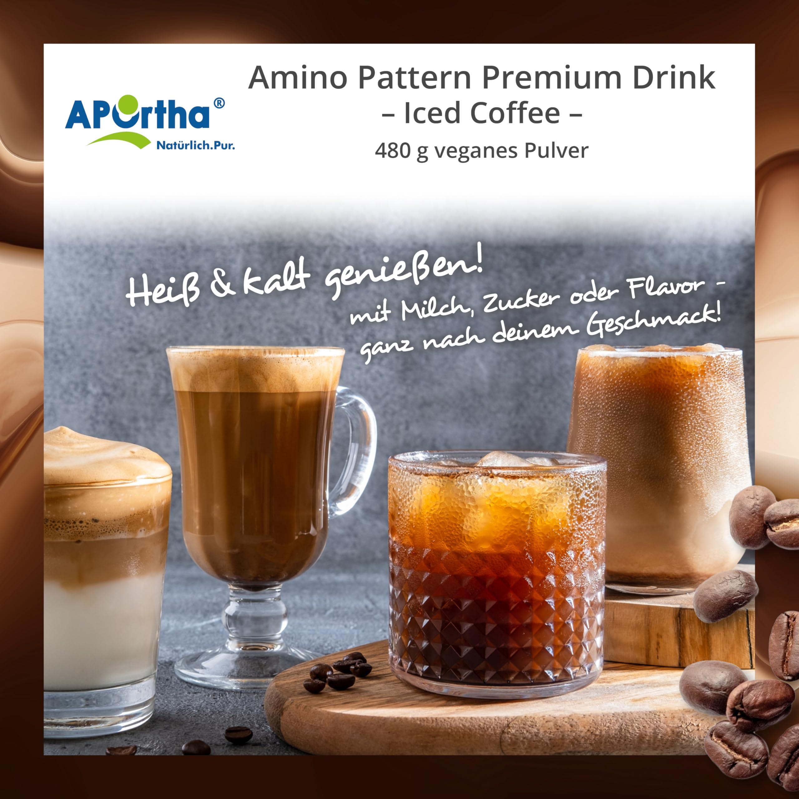 APOrtha® Multi Essential Amino Pattern Premium Drink – 480 g Iced Coffee mit echtem Kaffee, 8 essentielle Aminosäuren nach Prof. Dr. Lucà-Moretti, ausgewogenes Aminosäuren-Profil, EAA Pulver