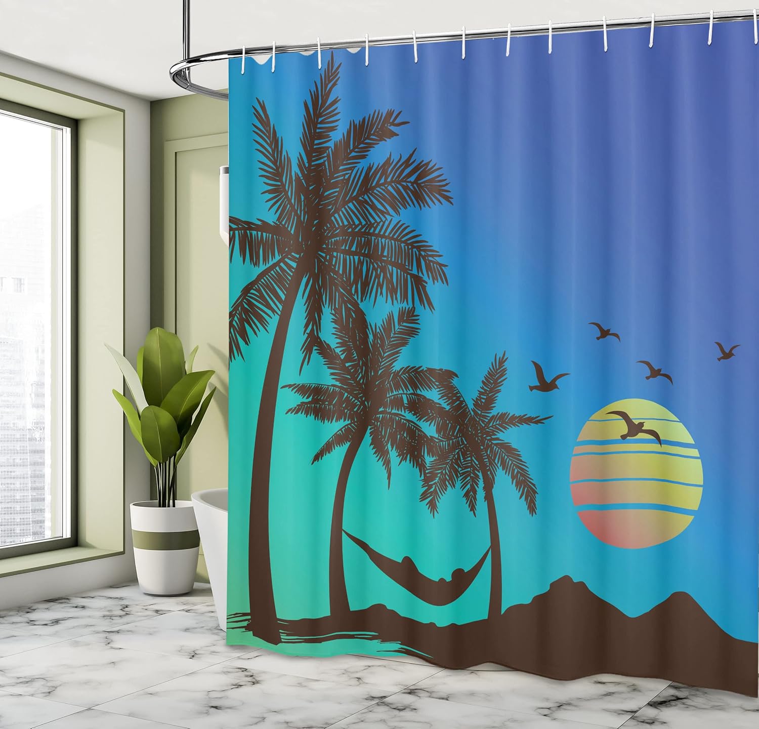 Lunarable Beach Hammock Shower Curtain, Tropical Island Vacation Theme Retro Style Sunset Palm Trees Silhouette Print, Cloth Fabric Bathroom Decor Set with Hooks, 69" W x 70" L, Multicolor