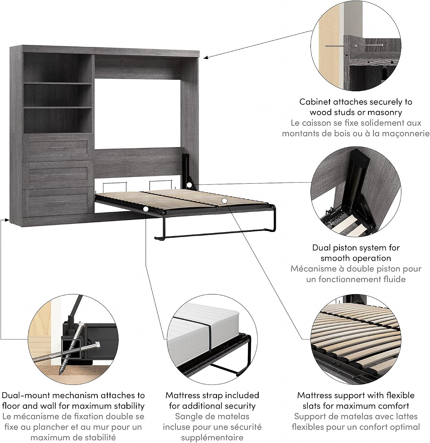 Bestar Pur Full Murphy Bed and Storage Unit with Drawers, 95-inch Space-Saving Wall Bed with Storage
