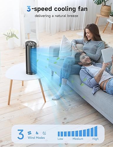 Miniatura 3 de Grelife Ventilador de torre con control remoto, ventilador de escritorio de enfriamiento rápido, oscilación de 90, 3 velocidades, 3 modos de viento,