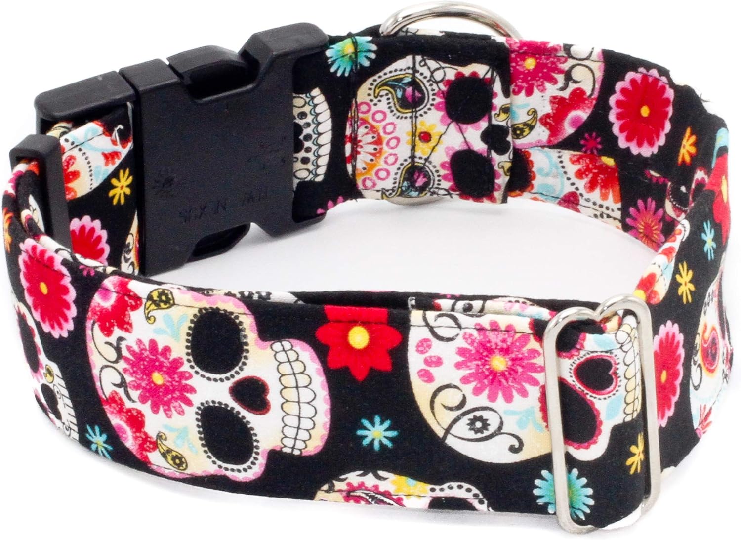 Caninus Collars Sugar Skulls Fiesta Dog Collar 1.5" - 2" Width Buckle & Martingale Candy Skulls, Day of The Dead, Mexican (Martingale w/Buckle Collar, XL - 2" Width)