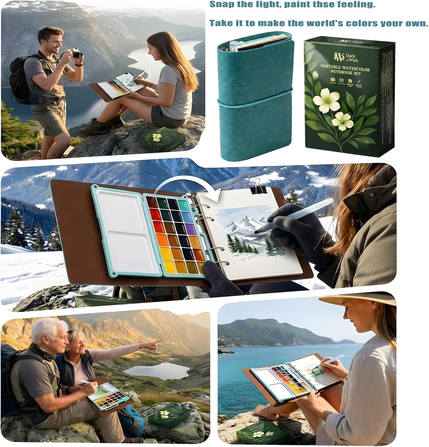 Mini Travel Watercolor Sketchbook Set - 24 Colors Pocket Paint Kit (6 Metallic, Neon, Macaron) with Refillable 300gsm Black & White Paper - PU Leather Urban Sketching Binder & Water Brush Gift