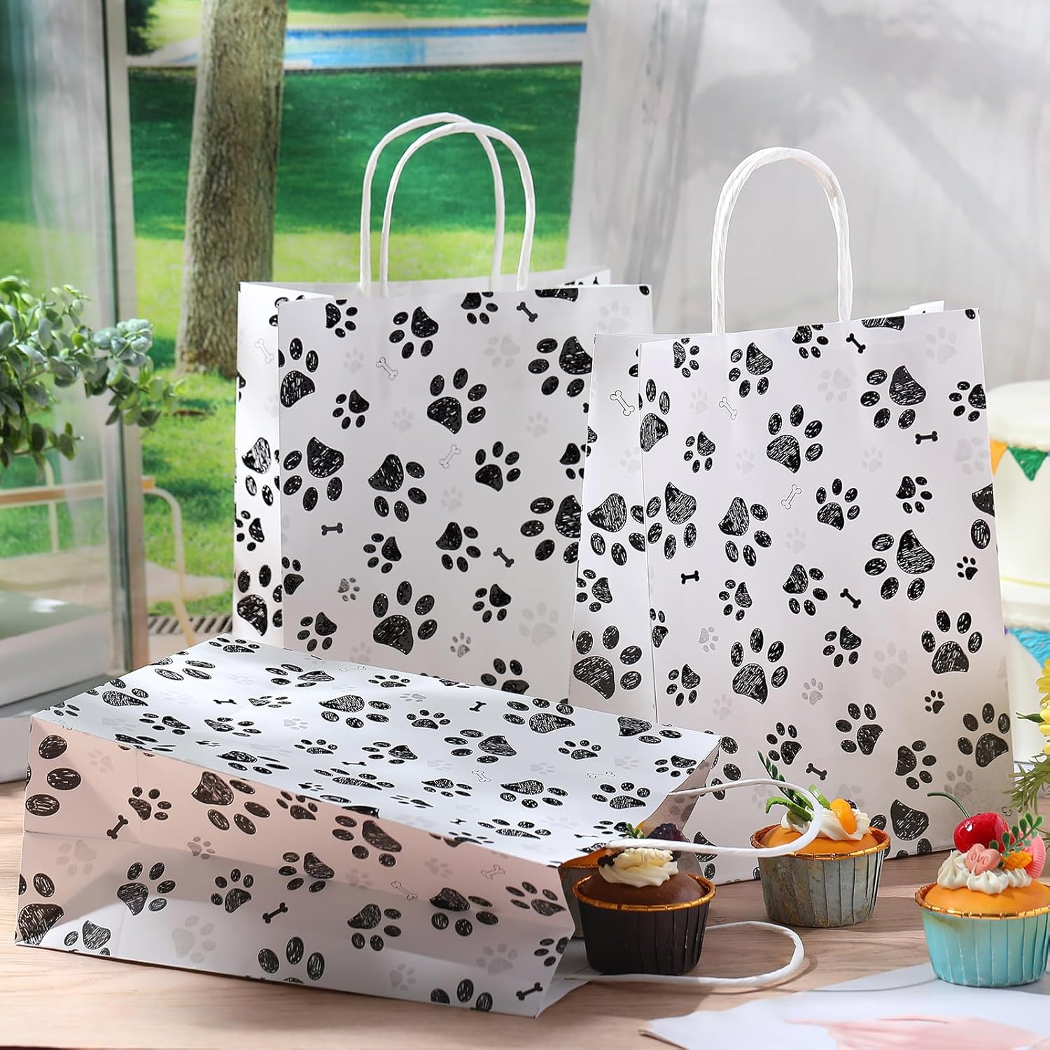 50 Pcs Large Puppy Dog Paw Print Gift Bags with Paper Handles - 10.6x8.3x4.3 Inch Kraft Dog Treat Paper Bags for Pet Treat Party Favor Birthday Gift (White)