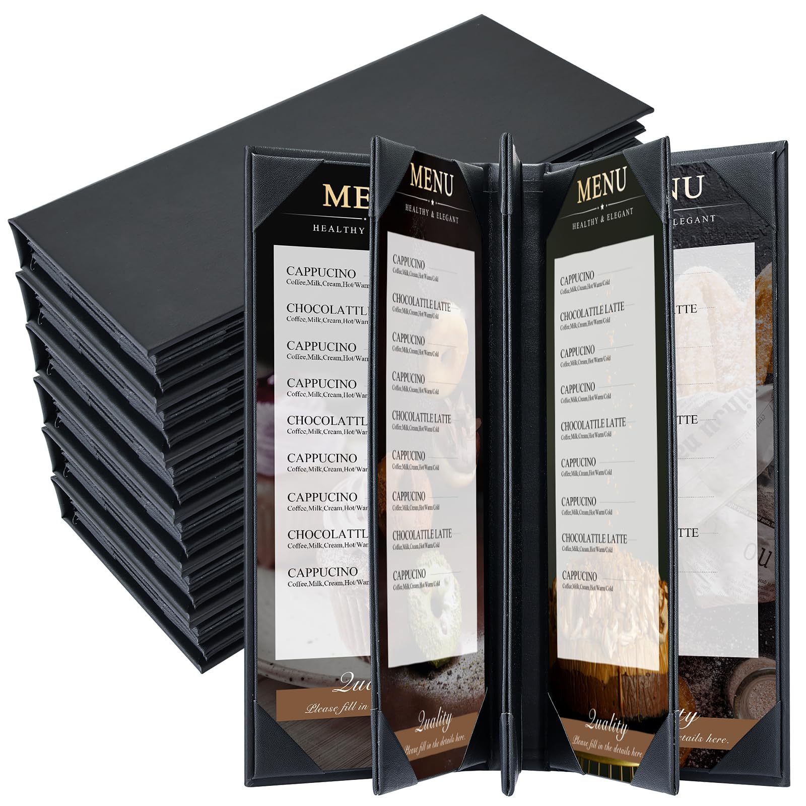 Paquete de 6 fundas de menú de 8 vistas de 4.25 x 11 pulgadas | Fundas de menú de piel sintética estilo libro para restaurante, cafetería, bares y lista de vinos