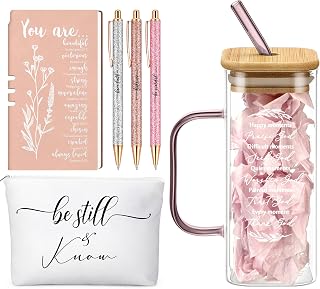 Skylety 6 Pcs Christian Gifts Set for Women Bible Study Supplies, Rose Gold | Prayer Journal with Pens Makeup Bag Glass Cup, for Church, Office Religious Gifts, Birthday, Christmas
