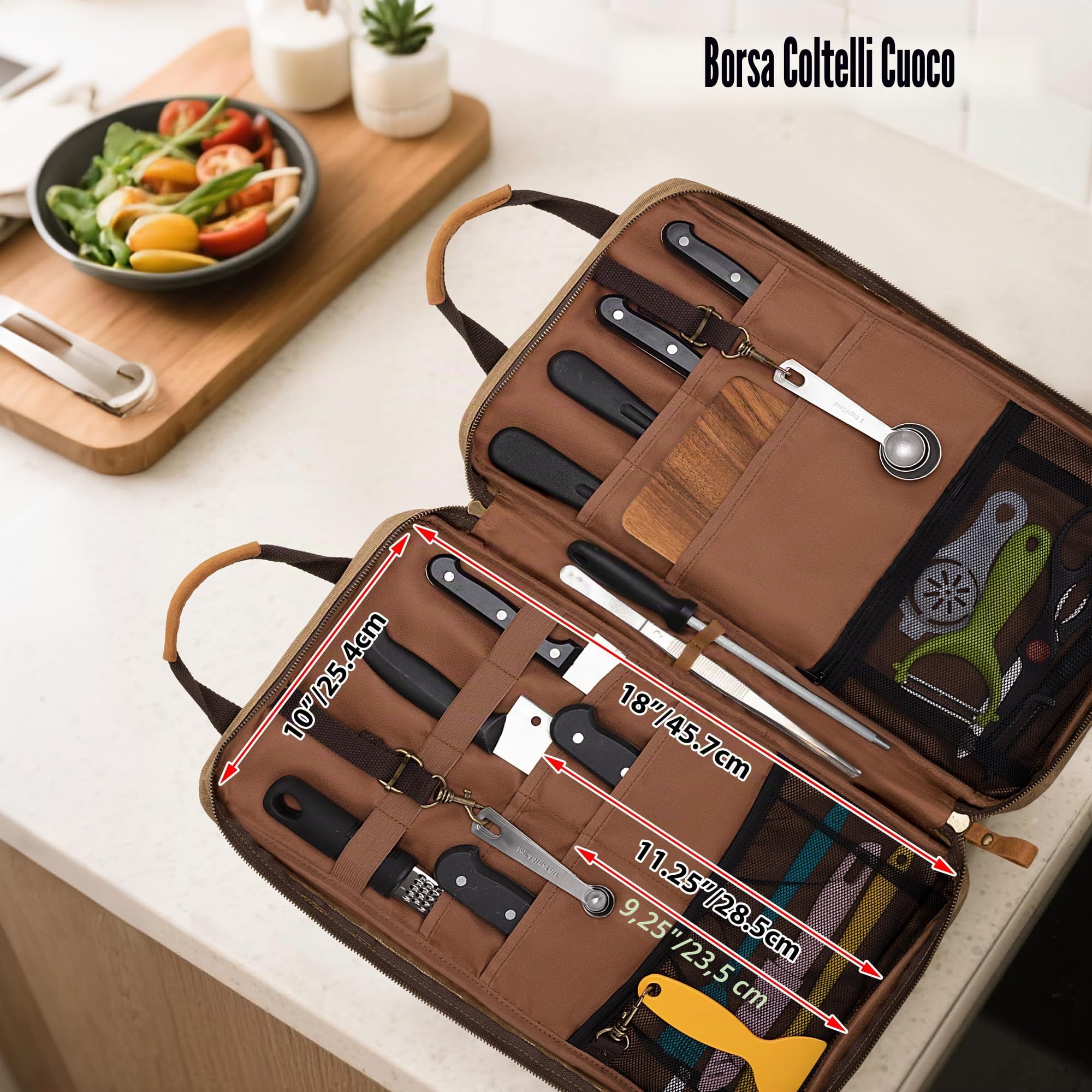 Damero Borsa Coltelli in Tela Cerata con 11 Scomparti e 2 Tasche A Rete con Cerniera per Utensili, Portacoltelli Portatile per Coltelli da Chef con Manico e Tracolla Rimovibile, Solo Borsa