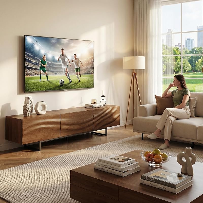 80 Inch Mid Century Modern TV Stand, Walnut Entertainment Center with Unique Wave-Shaped Design, Storage & Drawers, Long Media Console for Living Room & Small Space image 6