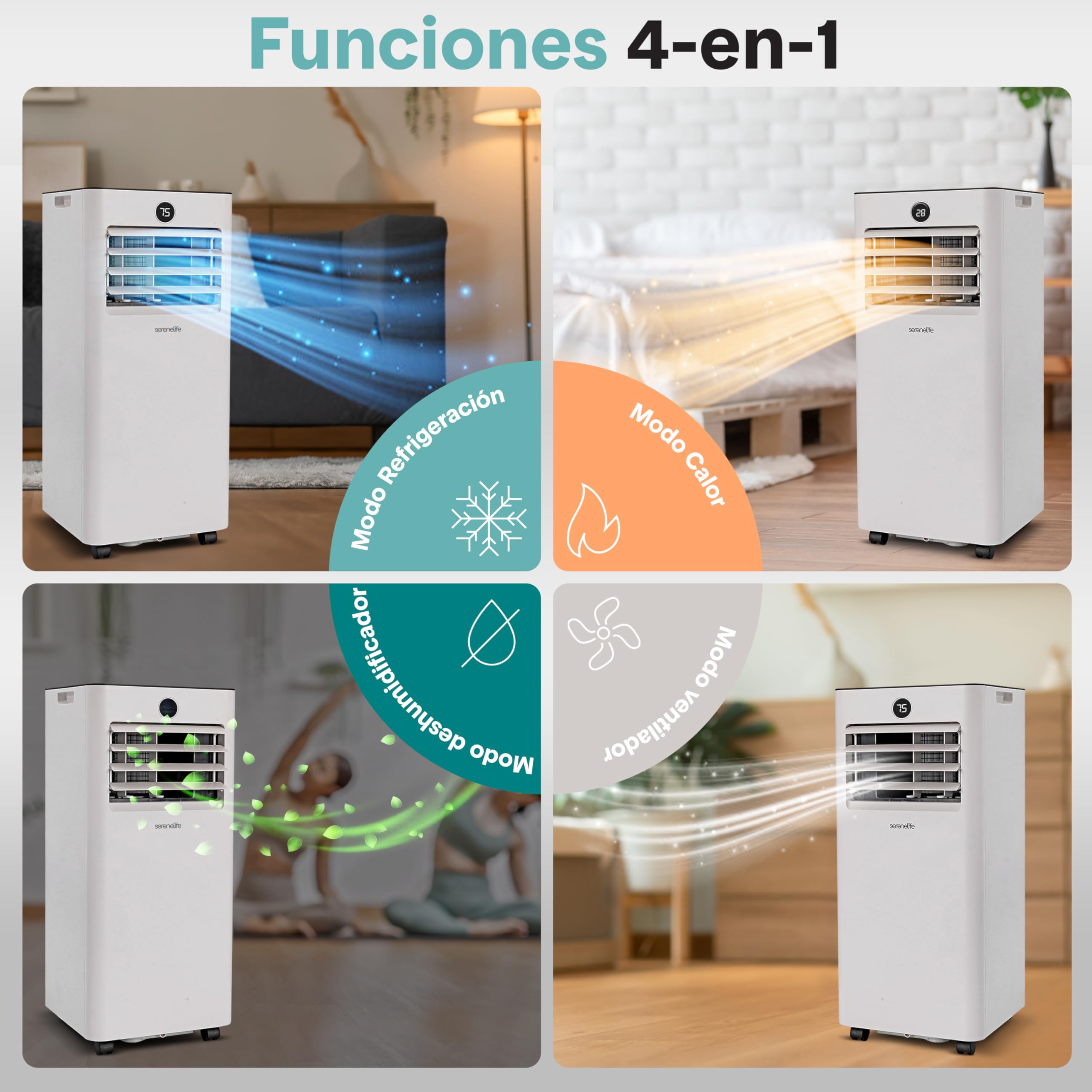 SereneLife Aire Acondicionado Portátil 9000 BTU 2,34 kW, Climatizador 4 en 1: Refrigeración, Calefacción, Ventilador y Deshumidificador, Mando a Distancia,