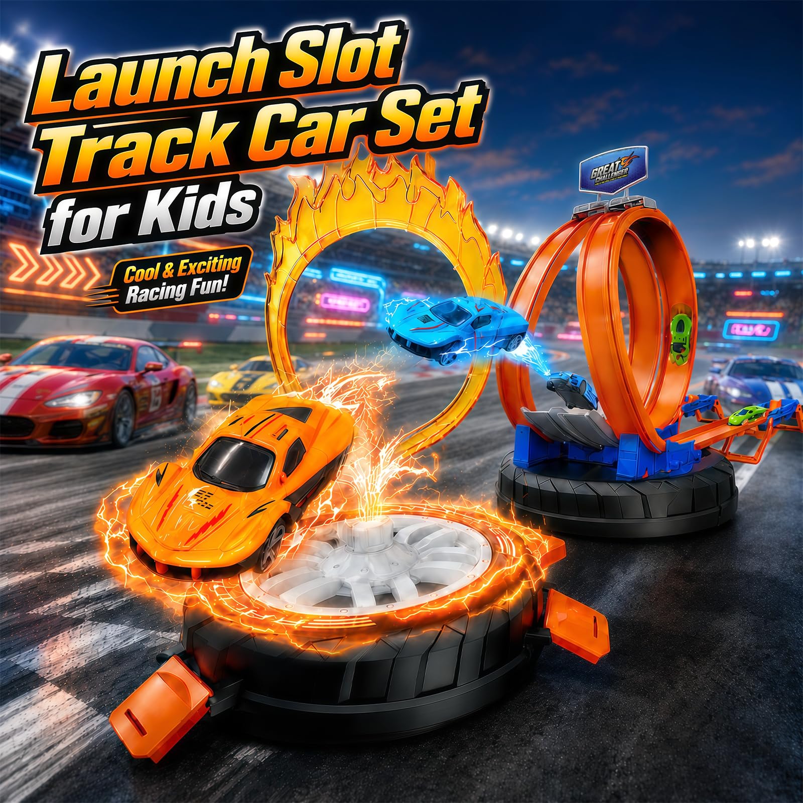 Ronronner Circuit Voiture Transformable avec Boucle 360° & Anneau de Feu – Circuit Voiture Enfant Flexible, 6 Mini Voitures, Auto Spielzeug Circuit Électrique sans Pile pour Garçons