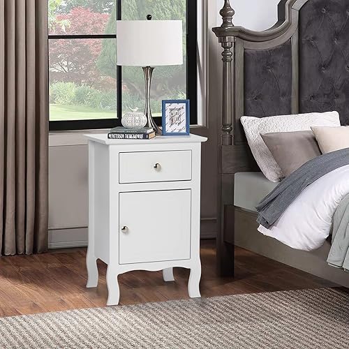 Miniatura 2 de Juego de 2 mesitas de noche de estilo rural, mesa auxiliar con un cajón y una puerta, mesa auxiliar con pie curvo, mesita de noche de madera con