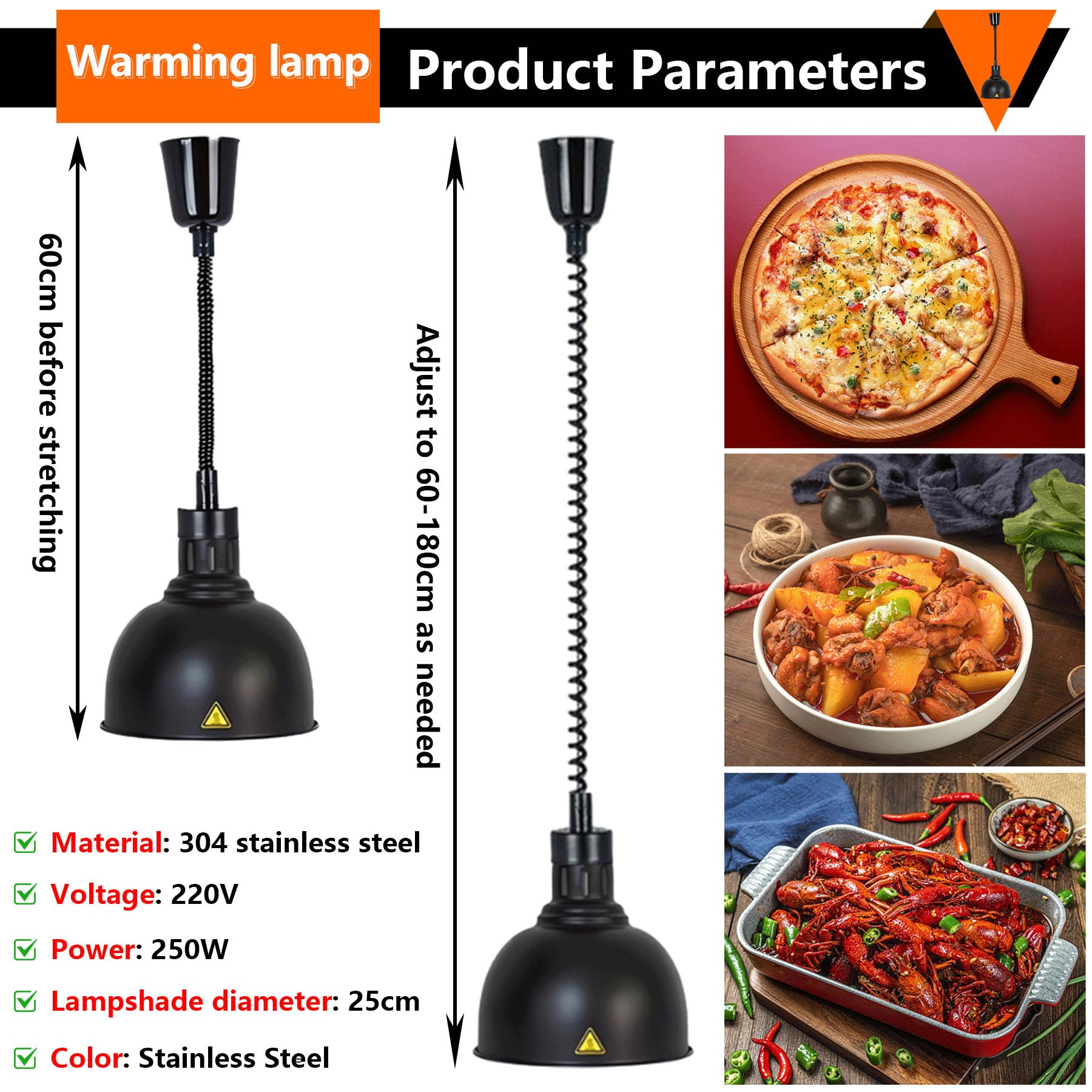 Lampe Chauffante de Cuisine Professionnelle, 250W Lampe Chauffe Plat Buffet Suspendue, Lampe de Chauffante Commercial pour Hôtels, Buffets et Pizza, Hauteur Réglable 60-180cm