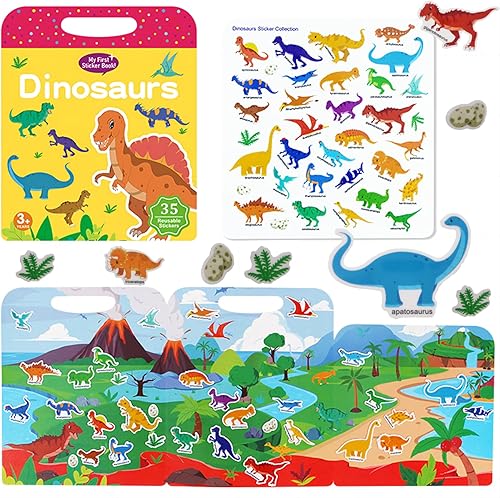 Miniatura 1 de Libro de calcomanías reutilizables para niños, calcomanías de dinosaurios, libro ocupado para niños pequeños de 1 a 3 años, juguetes de viaje para