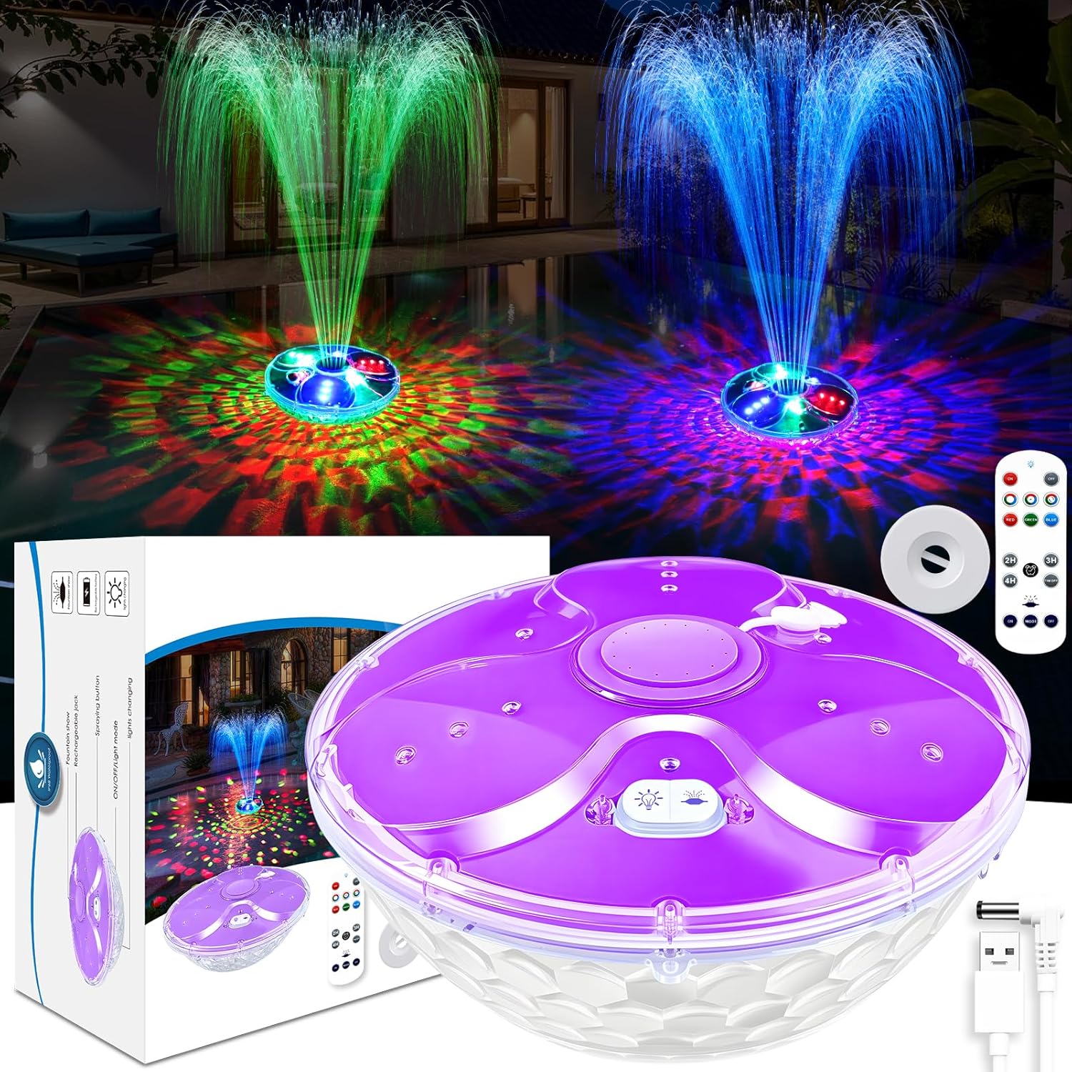 Pool Fountain with Remote, High Brightness Above Ground Pool Fountains with Lights Show, Battery Operated Floating Pool Water Fountain, Floating Fountains for Inground Pool-1pc(Purple)