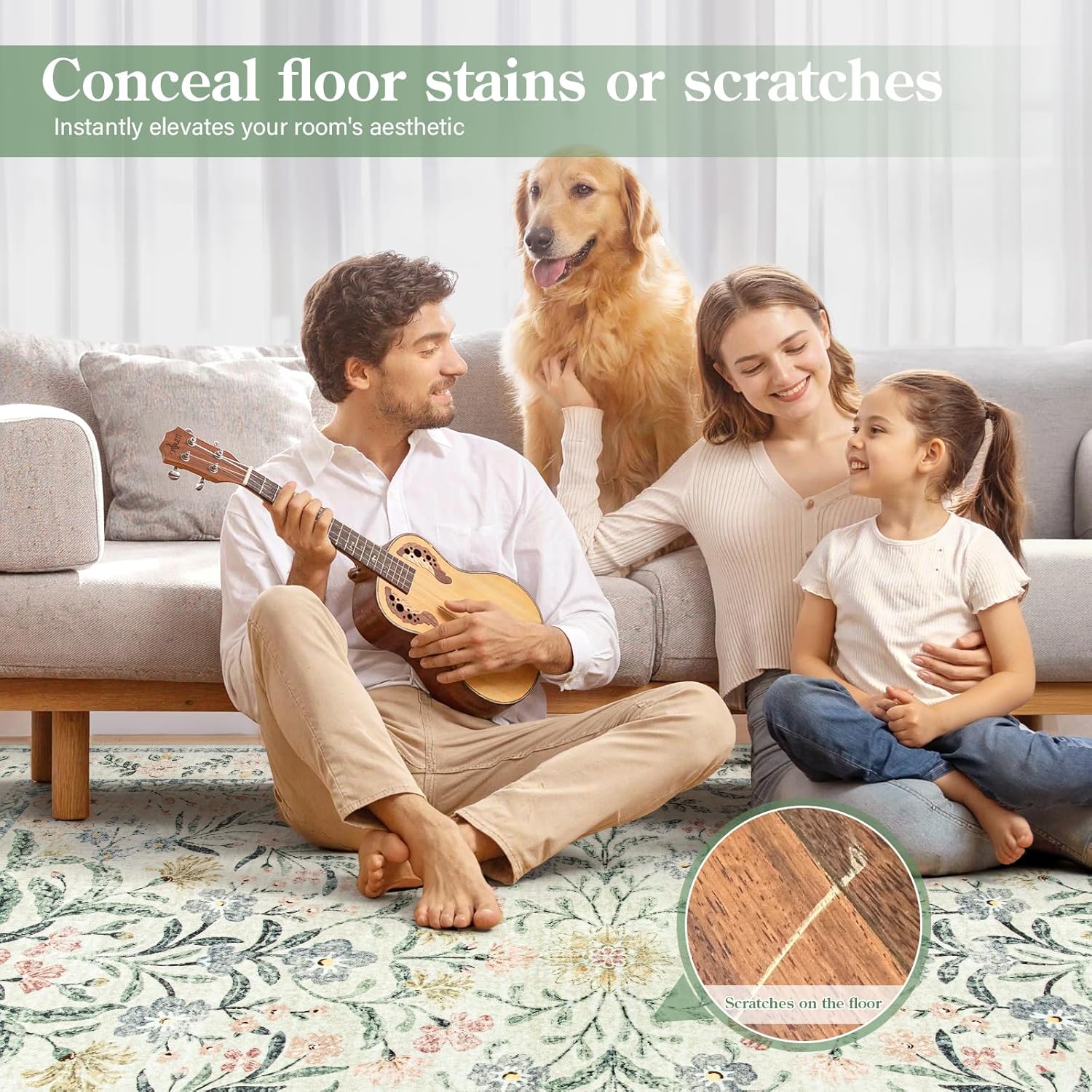 Wonnitar Boho Floral Washable Rugs 5x7, Soft Area Rugs for Bedroom, Ultra-Thin Non Slip Beige Area Carpets, Flower Print Decor Carpet for Living Room Nursery Dining Room Office