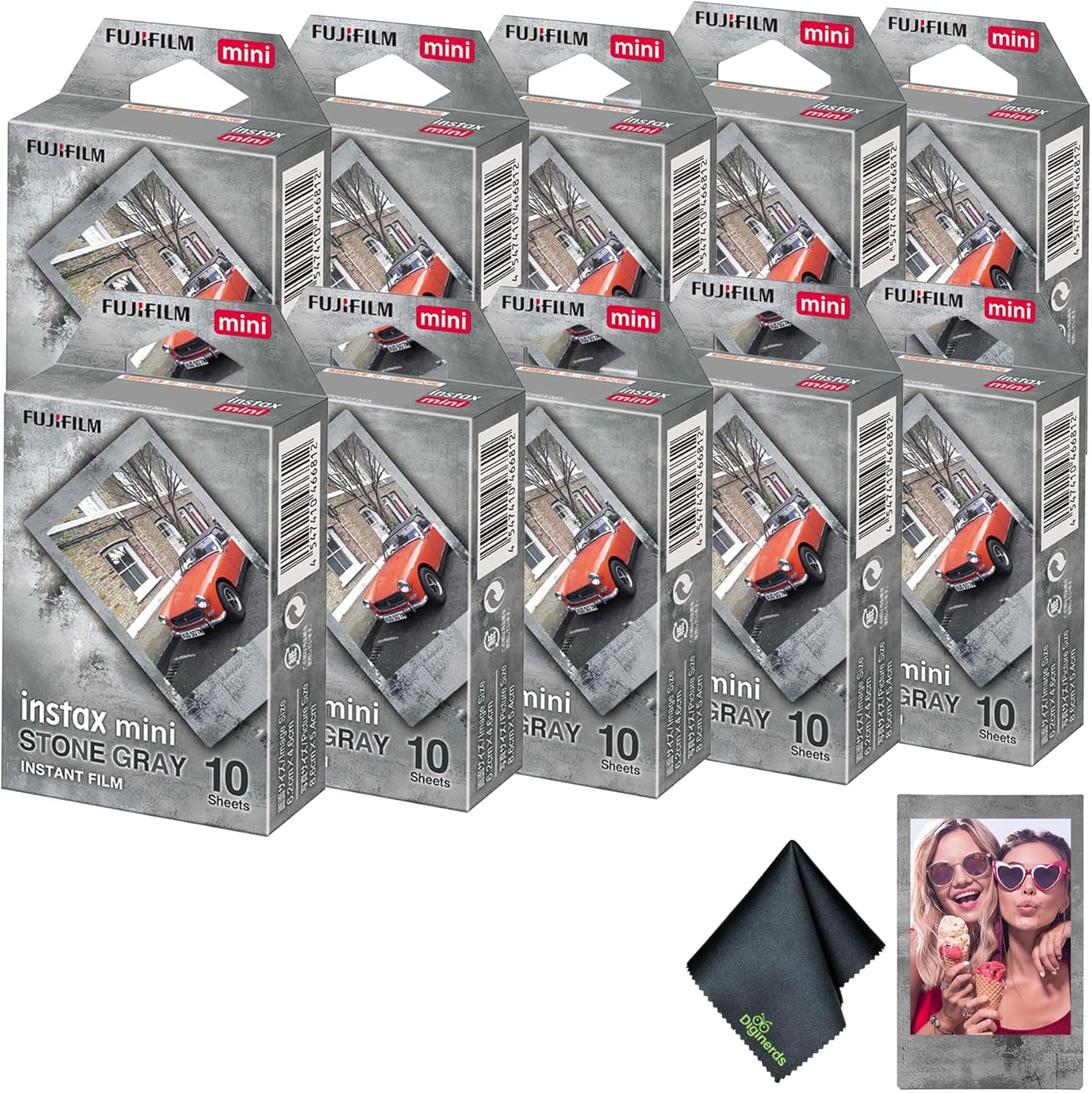 FUJIFILM INSTAX Mini Stone Gray Instant Film (100 Exposures) Bundle with Diginerds Microfiber Cleaning Cloth