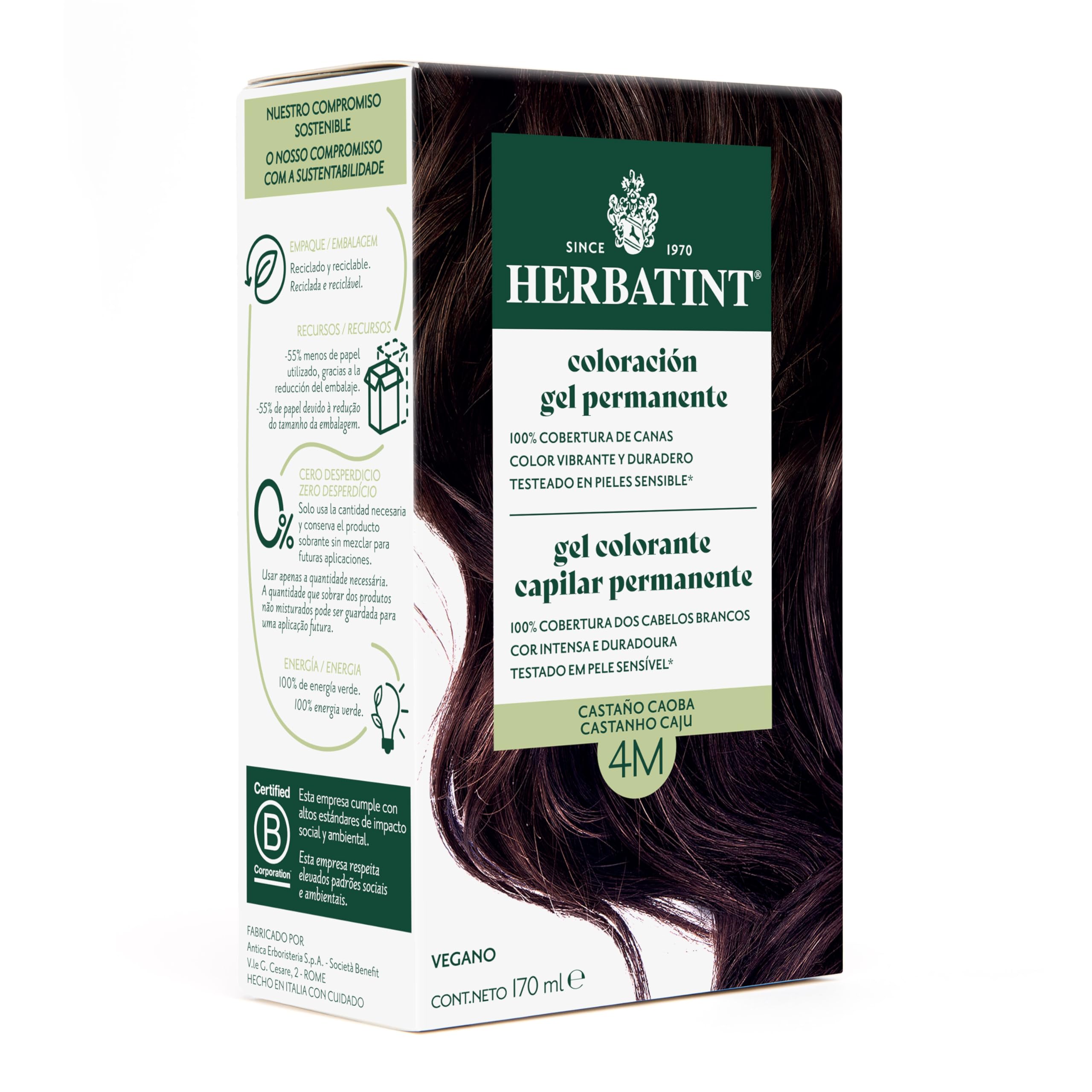 Herbatint Permanent Hair Colour Gel 4M Auburn - 170 ml | Ammonia Free, Optimum Gray Coverage | for Sensitive Skin, with 8 Organic Natural Extracts