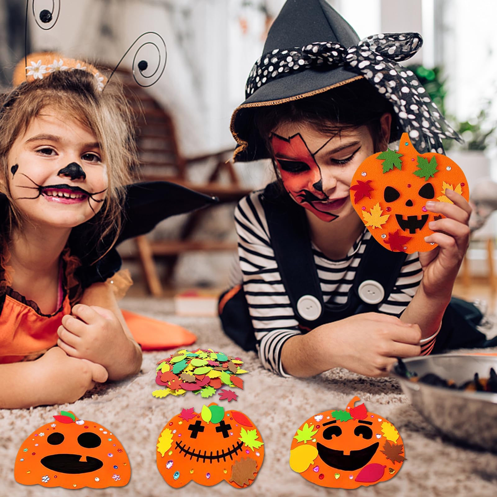 Set De 65 Manualidades De Otoño Y Halloween – Calabazas De Fieltro Con Pegatinas Brillantes Y Lápices De Colores