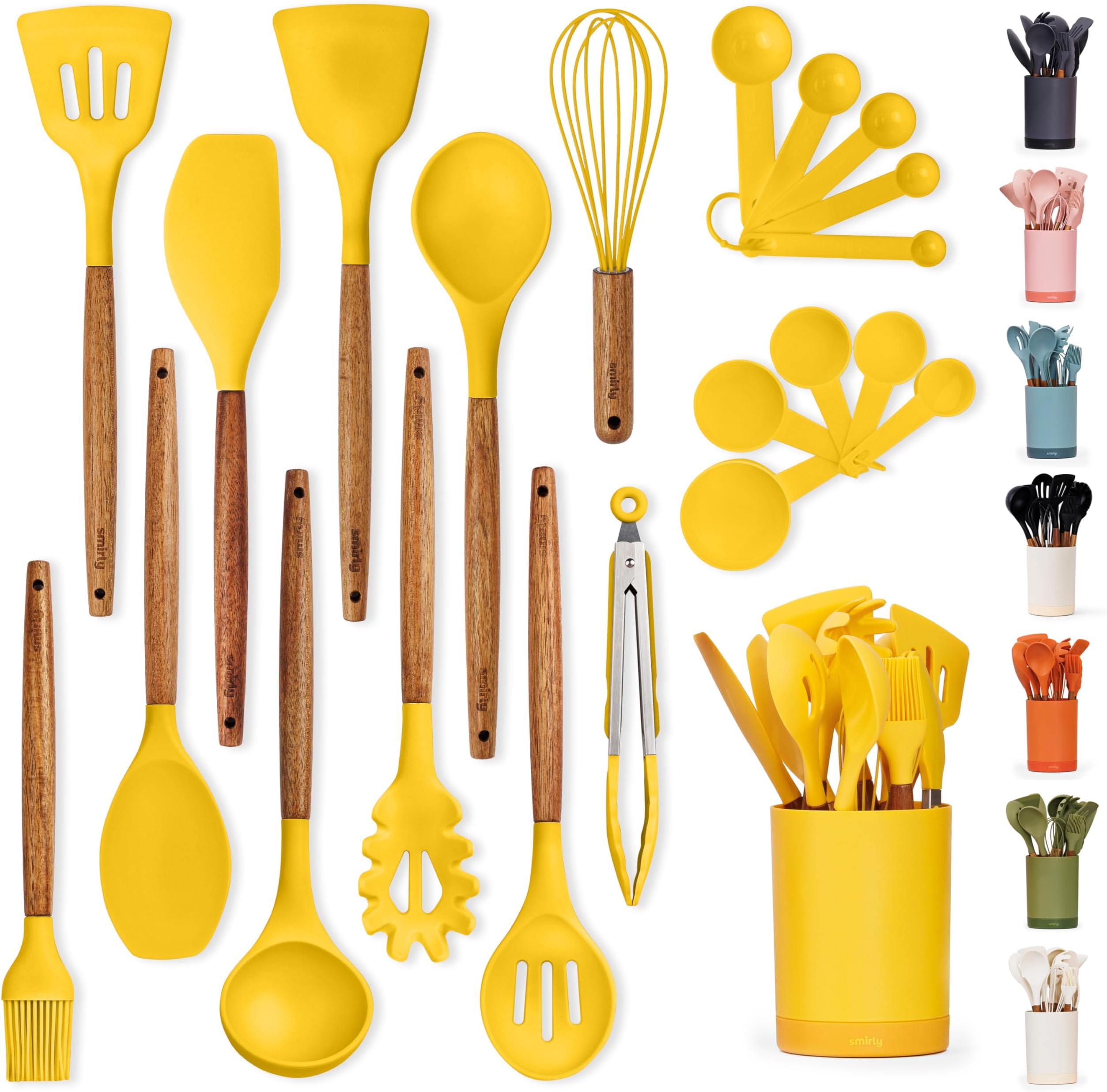 Silicone Kitchen Utensils Set & Holder: Cooking Utensils Set - Kitchen Essentials for New Home & 1st Apartment- Silicone Spatula Set, Cooking Spoons for Nonstick Cookware (Acacia Wood, Yellow)