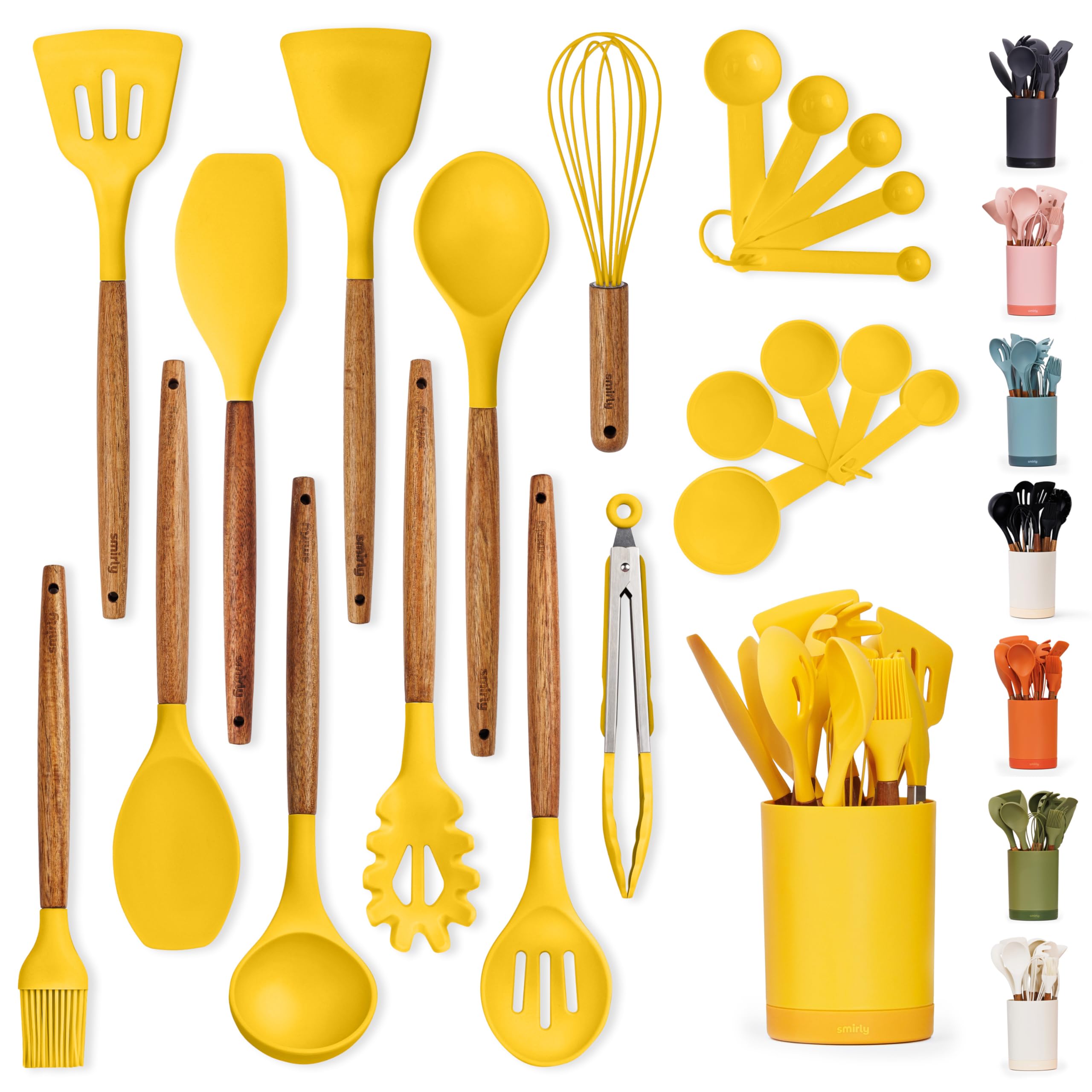 Silicone Kitchen Utensils Set & Holder: Cooking Utensils Set - Kitchen Essentials for New Home & 1st Apartment- Silicone Spatula Set, Cooking Spoons for Nonstick Cookware (Acacia Wood, Yellow)