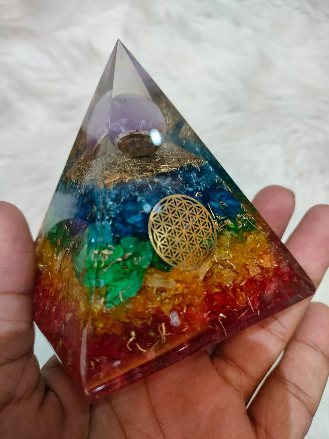 Rainbow Chakra Orgonite Pyramid – Seven Chakra Healing Crystal Pyramid for Reiki, Meditation & Positive Energy | Handmade Decorative Pyramid for Home & Office (Multicolor, Natural Stones)