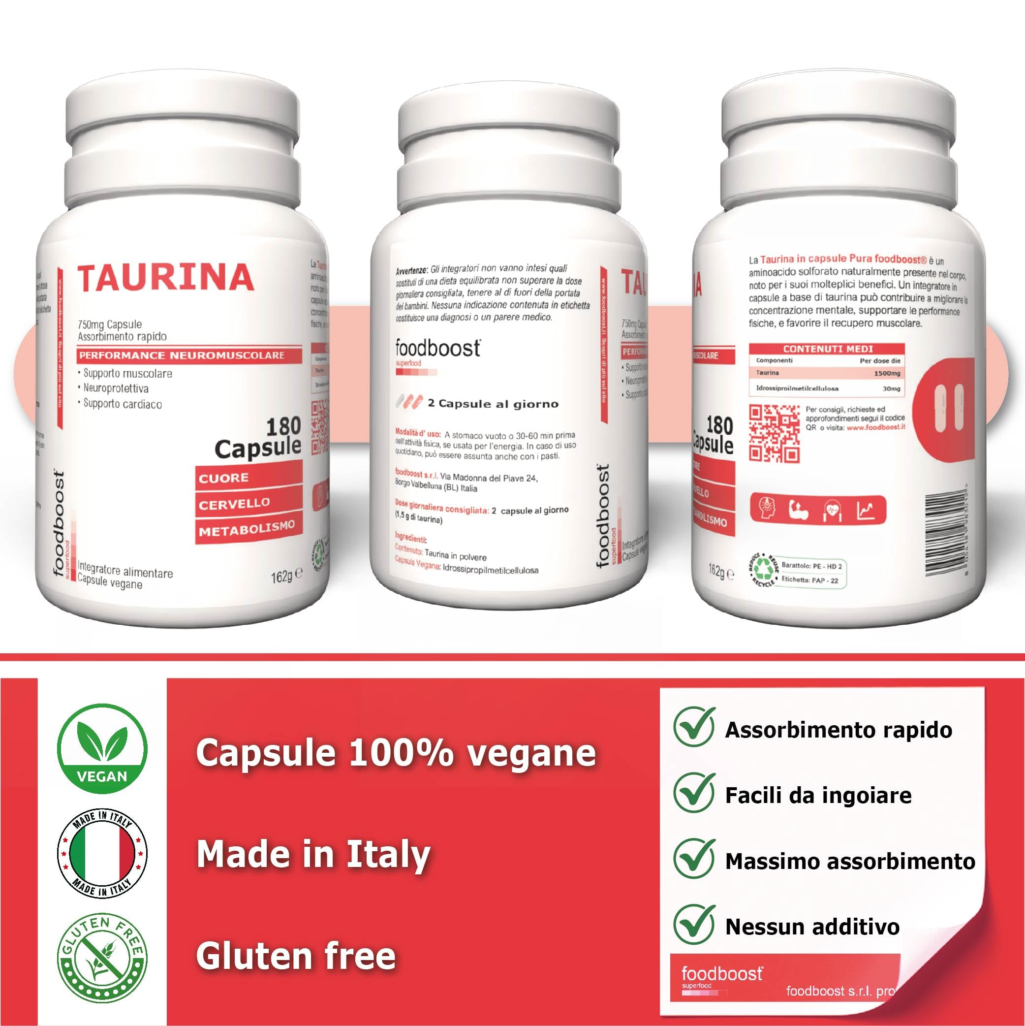 foodboost Taurina 750 mg - 180 Capsule Vegane (3 Mesi) - Integratore Energetico pre workout/post workout, Antiossidante, Supporto Benessere Cardiaco e Muscolare - Assorbimento rapido - Ø additivi