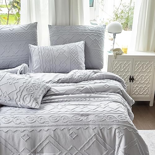 Juego de edredón copetudo, tamaño Queen, 3 piezas, color gris, bohemio, decoración de casa de campo para todas las estaciones, tamaño Queen, juego