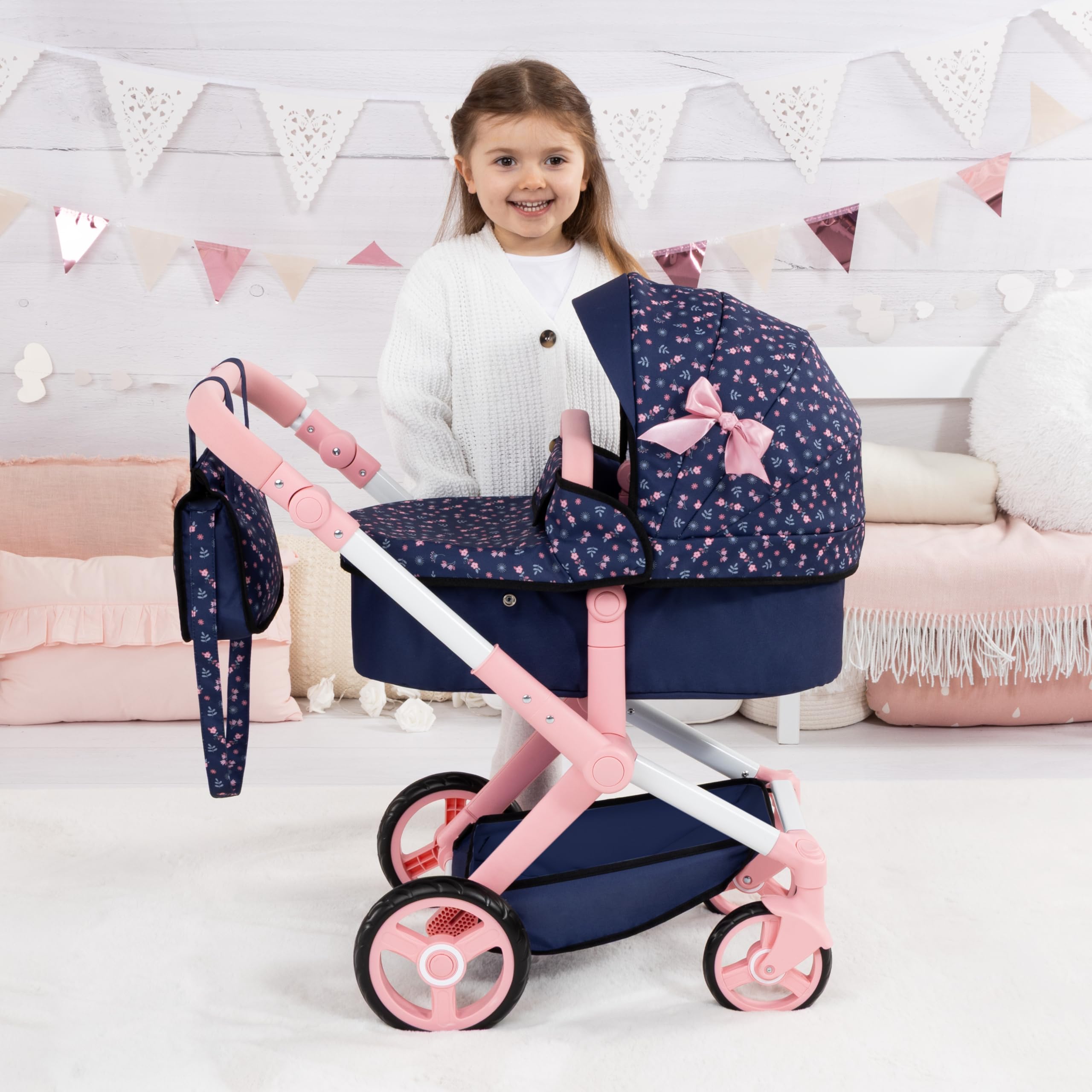 Bayer Design Puppenwagen Xeo mit Tasche, höhenverstellbar, wandelbar | wandelbar als Puppenjogger, Schwenkschieber, verstellbarer Griff, bewegliche Vorderräder, integrierter Korb