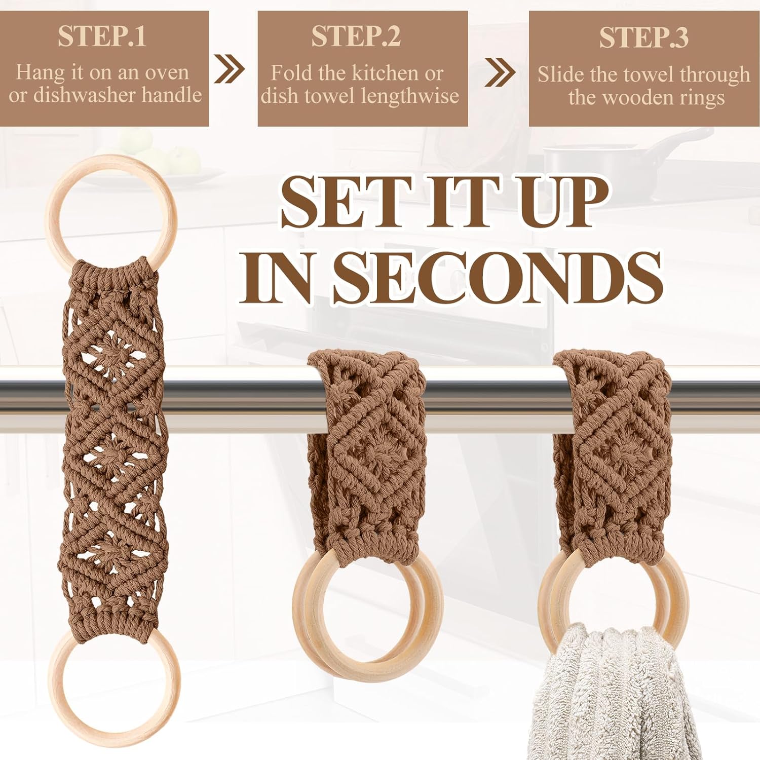 Tioncy 4 Pcs Kitchen Dish Towel Holder Boho Handmade Crochet Hanging Towels Loop Ring Knit Towel Hanger for Cabinet House Oven Stove Door, 4 Colors(Brown) thumbnail