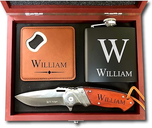 Juego de caja personalizada para padrinos de boda, regalos con abridor de botellas, frasco grabado y cuchillo de bolsillo grabado, gran regalo para