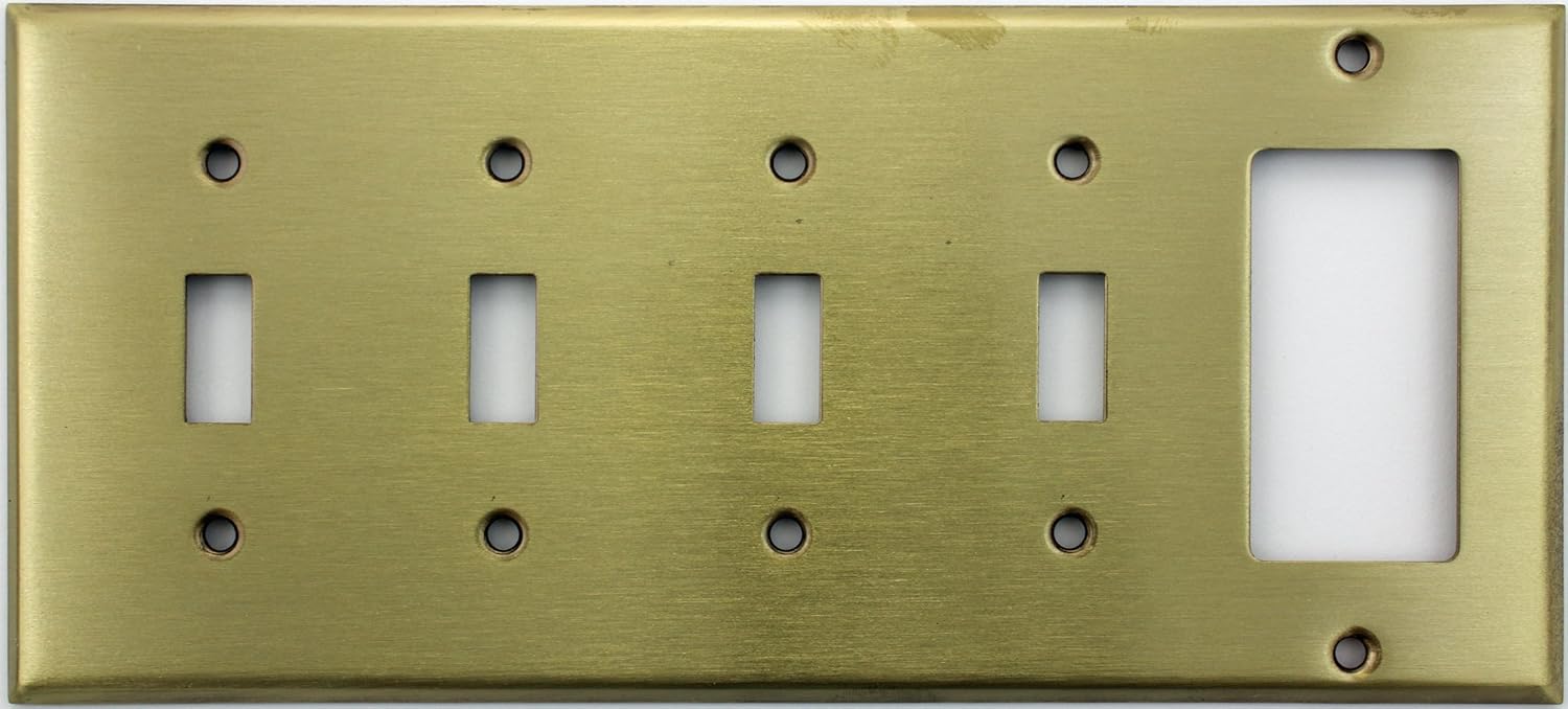 Stamped Satin Brass 5 Gang Wall Plate - 4 Toggle Switches 1 GFI/Rocker Opening