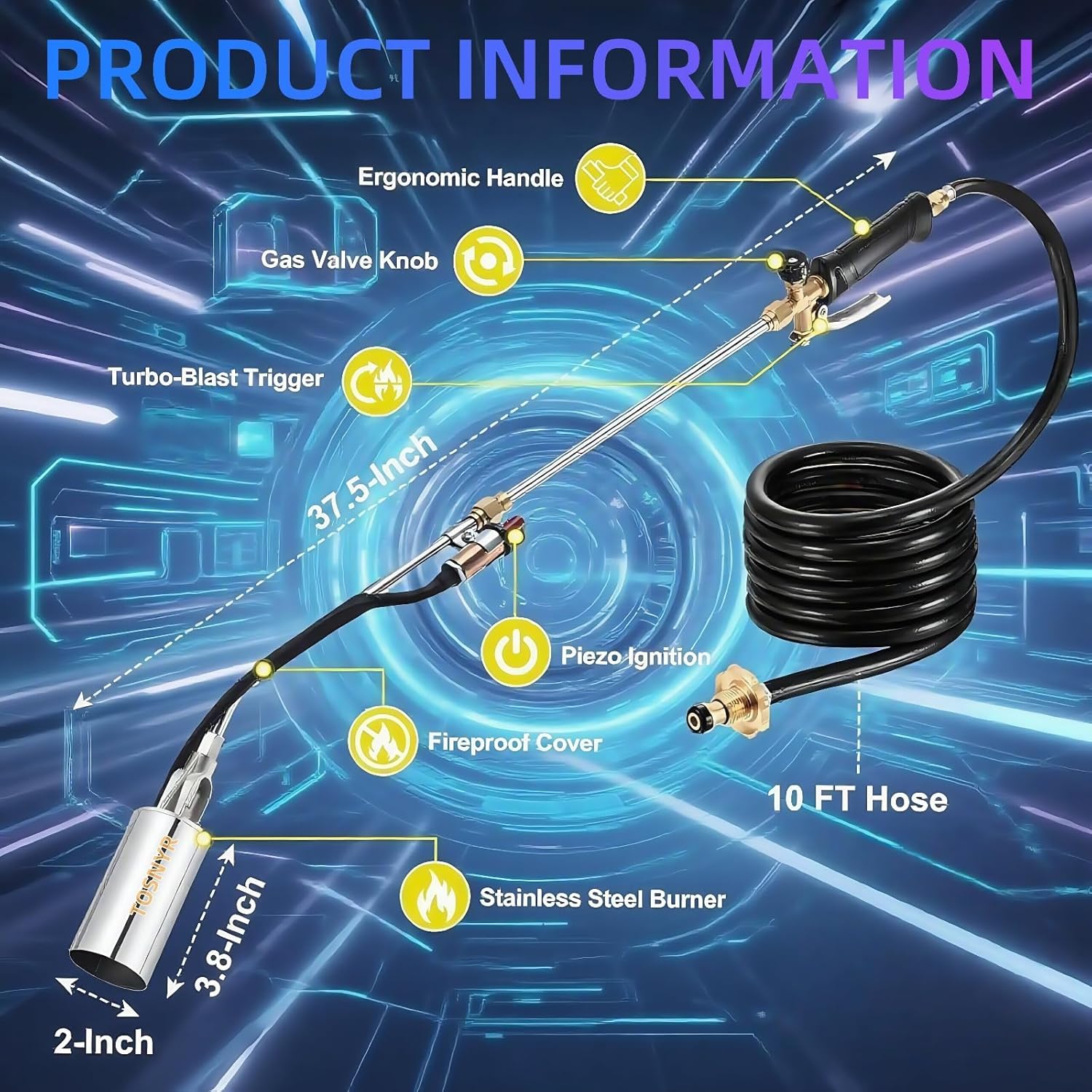 Propane Torch Weed Burner, 1,800,000 BTU Propane Weed Torch with 10FT Hose & Flame Control Turbo Trigger Push Button Igniter,Flame throwe for Weed,Garden,Wood,Charcoal,Ice Snow