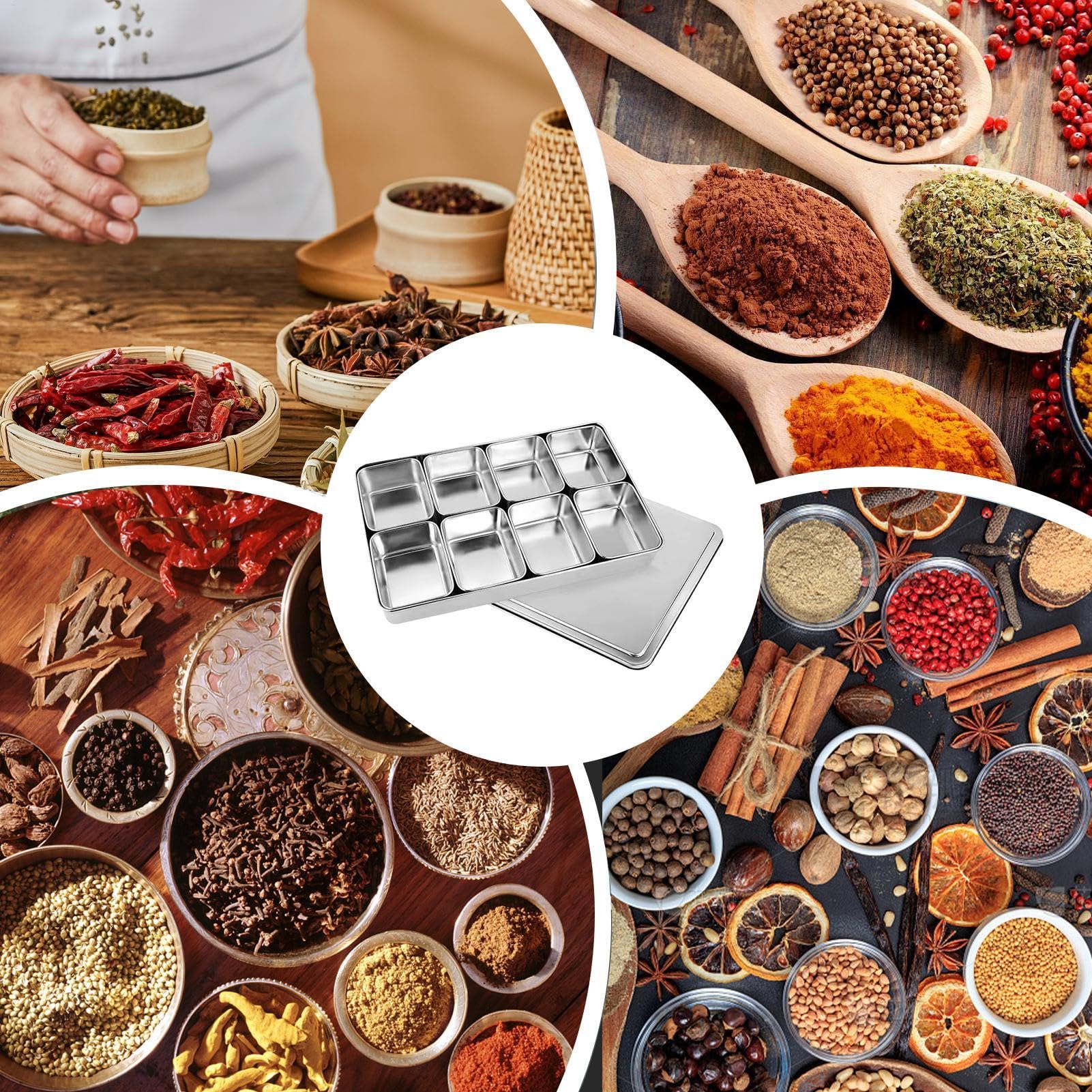 Scatola per condimenti, vassoio per condimenti diviso, in acciaio | inossidabile, multi scomparto, funzionale, rettangolare, per cucina, sesamo, aceto, sale, zucchero, 43 x 29 x 6 cm