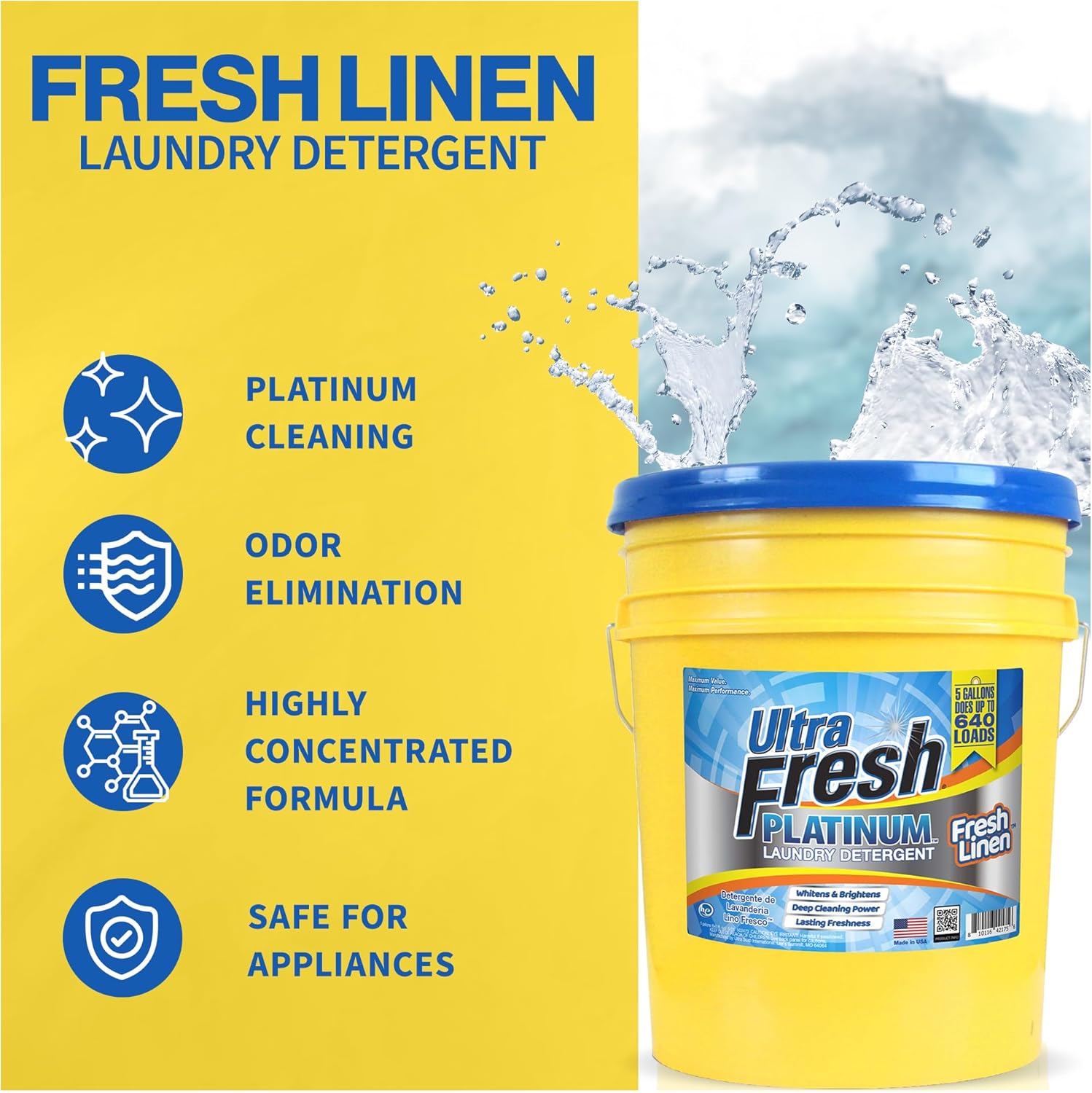 Ultra Fresh Platinum Liquid Laundry Detergent Washing Soap for All Machine Types, Up to 640 Loads, 5 Gal, Fresh Linen - Household Cleaning Supplies and Accessories for Clothing and Fabric Items